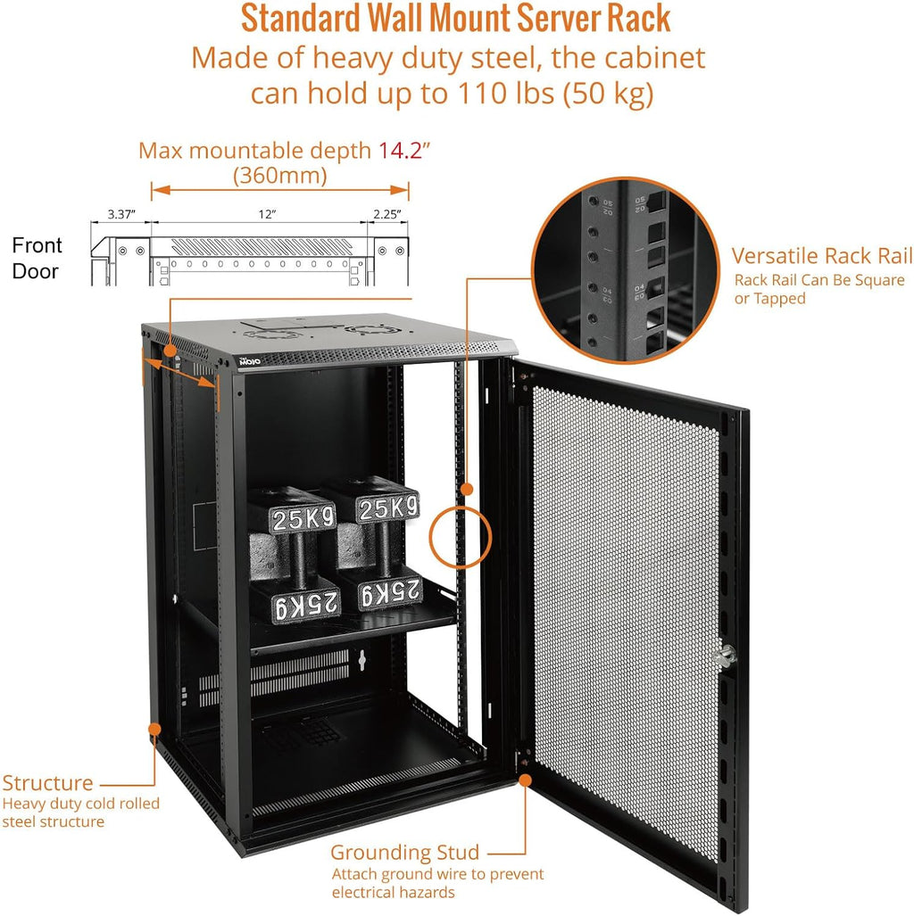 Tecmojo 18U Wall Mount Rack Network Cabinet for 19" IT Equipment,with Lockable Mesh Door and Side Panels,Cooling Fan,Black,17.7inch Depth for AV/Computer/Electronics Equipment Data Rack