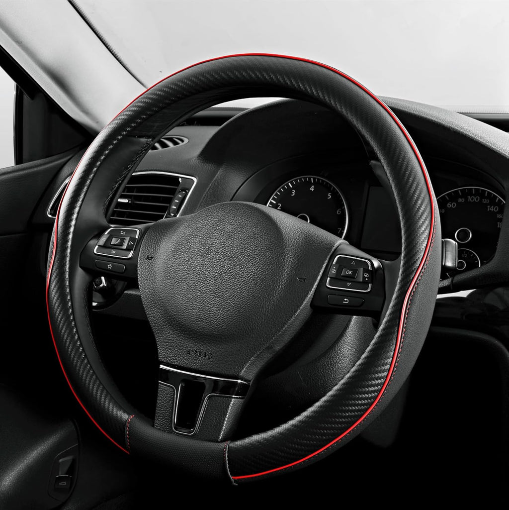 PIC AUTO Steering Wheel Cover, Red Piping Leather, Sports Carbon Fiber and Super Breathable Leather, Universal 14.5-15.5 Inch Anti-Slip Steering Wheels Accessories for Men & Women