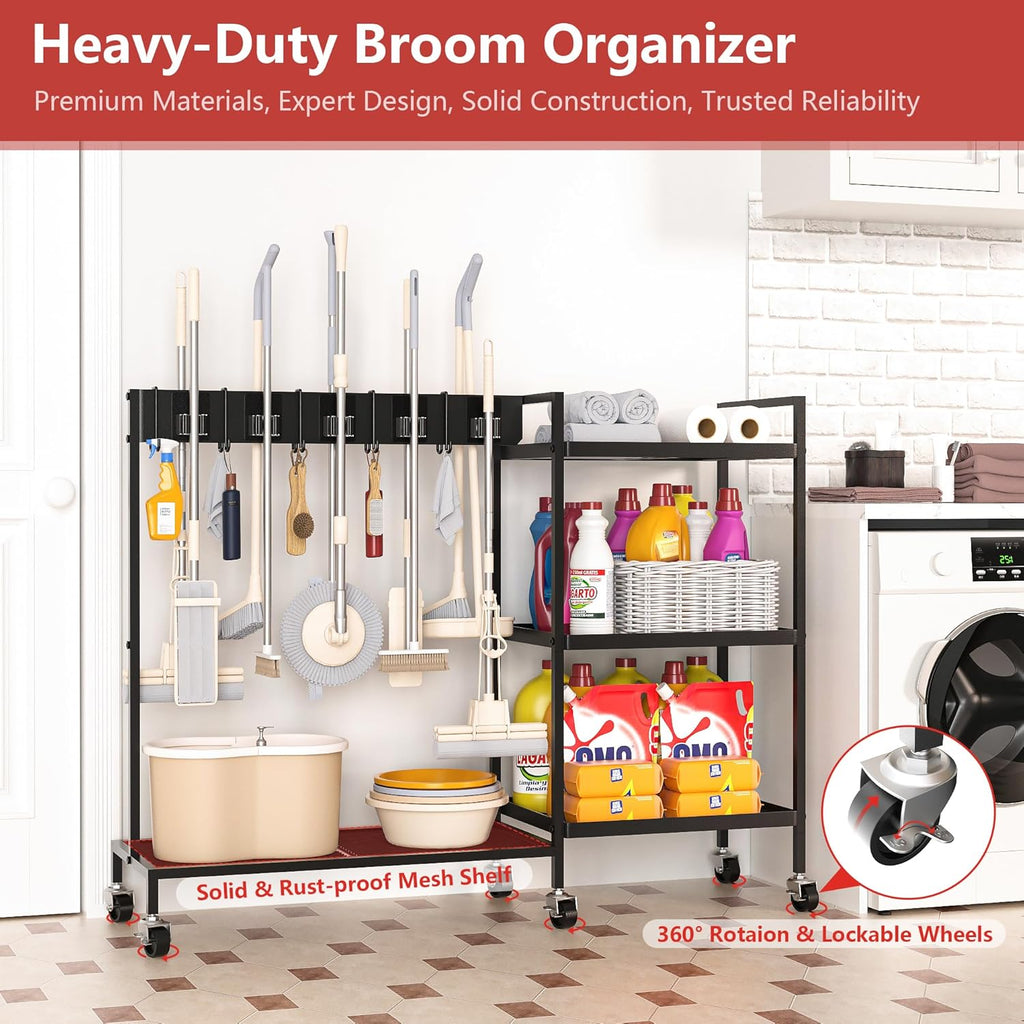 GIOTORENT Heavy Duty Metal Cleaning Cart with Wheels - 300lb Capacity Rolling Broom Holder & Supplies Organizer, 10 Adjustable Clips, 5 Double-Hooks, 3-Tier Shelves, Brakes for Home, Commercial, Black