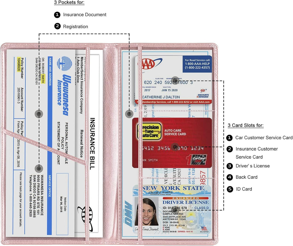 TOURSUIT Car Registration and Insurance Card Holder, Vehicle License Document Glove Box Compartment Organizer, Interior Car Accessories for Women Men Teens (Rose Gold)