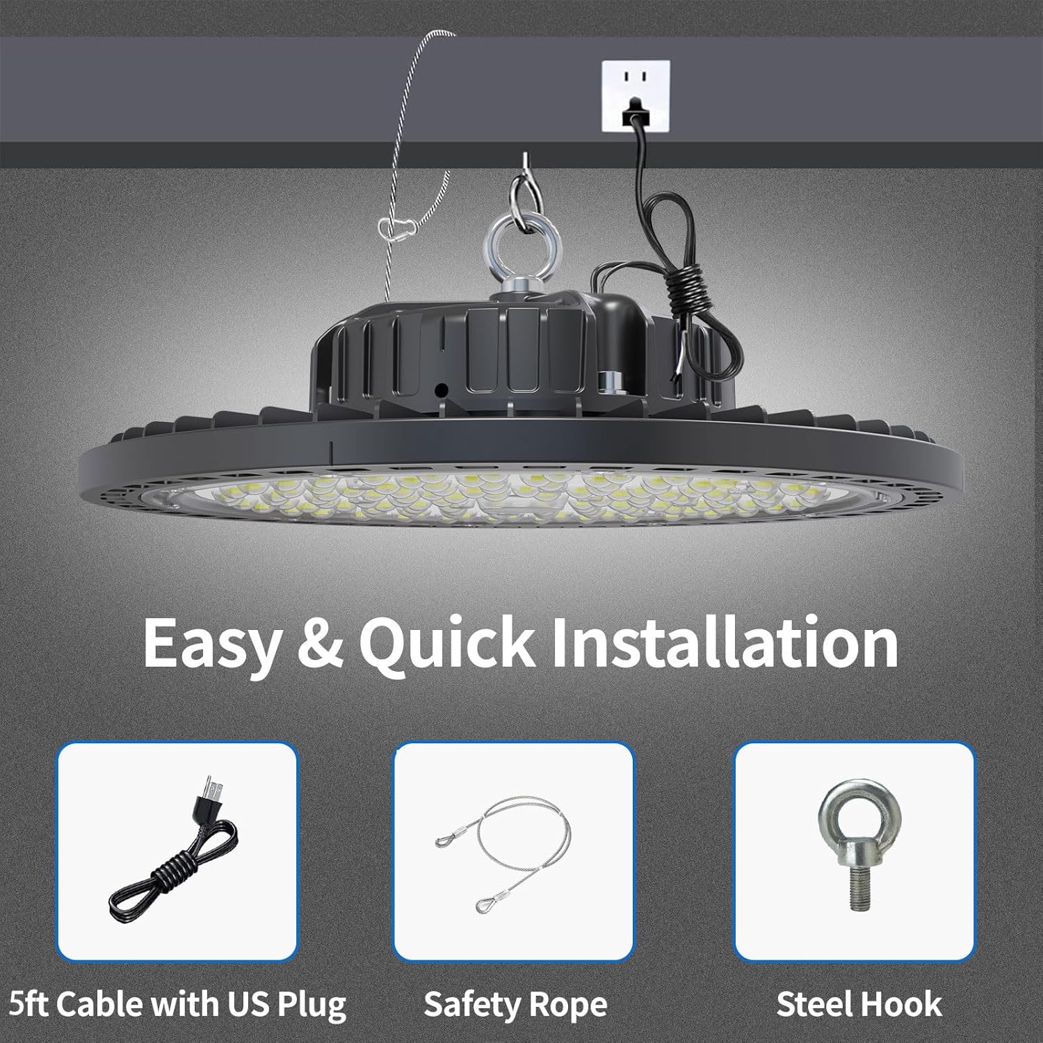 2 Pack UFO LED High Bay Light 150W, 21000 LM, 5000K with 5ft Power Cord, US Plug, Bright LED Shop Light for Basement Commercial Factory Garage Lighting, IP66 Waterproof, AC110-277V, ETL Listded