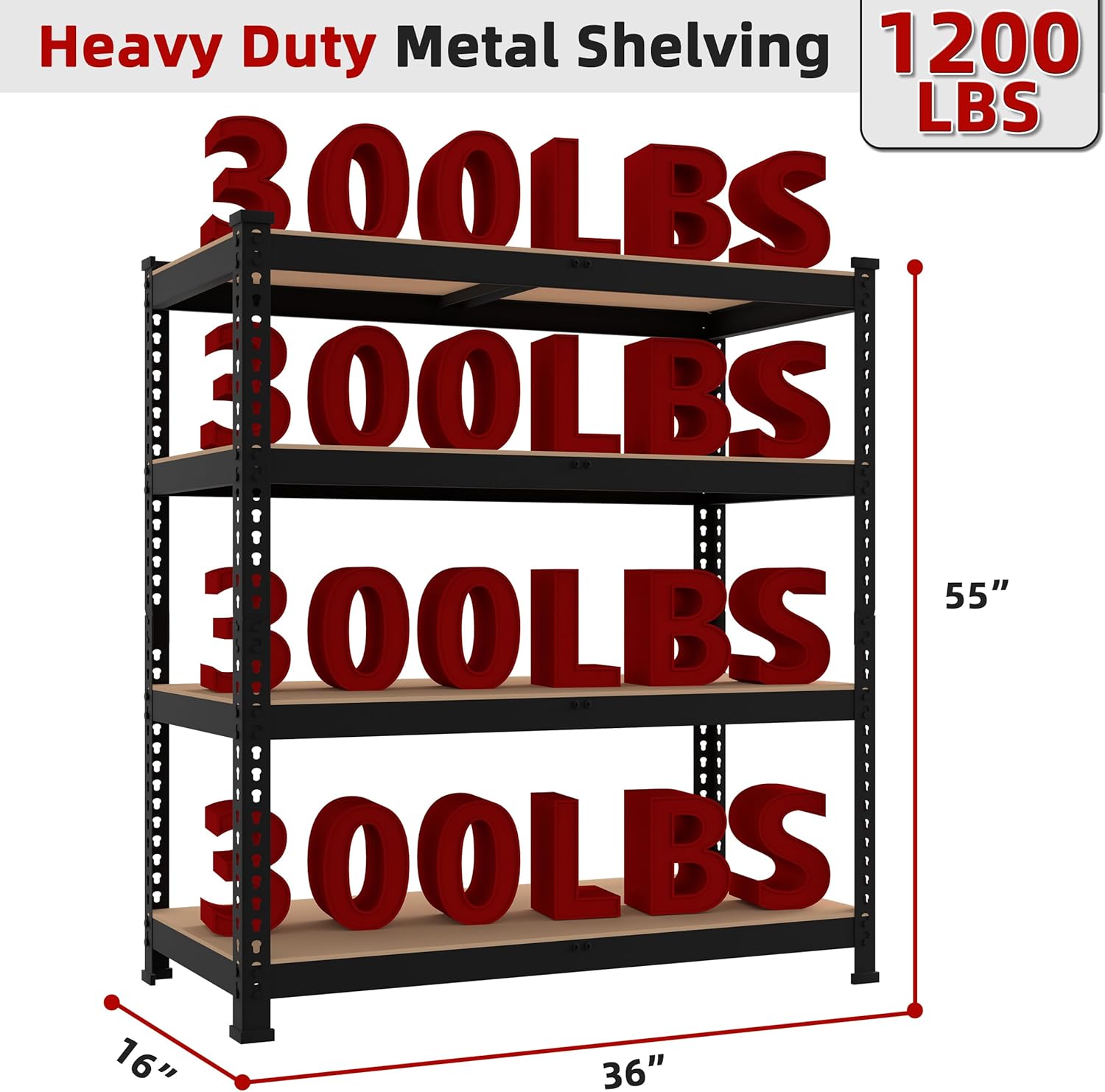 36" W x 16" D x 55" H Adjustable Garage Storage Shelves - 4-Shelf Heavy Duty Shelving Unit, Metal Utility Storage Organizer Racks for Warehouse Pantry Closet Kitchen, Black