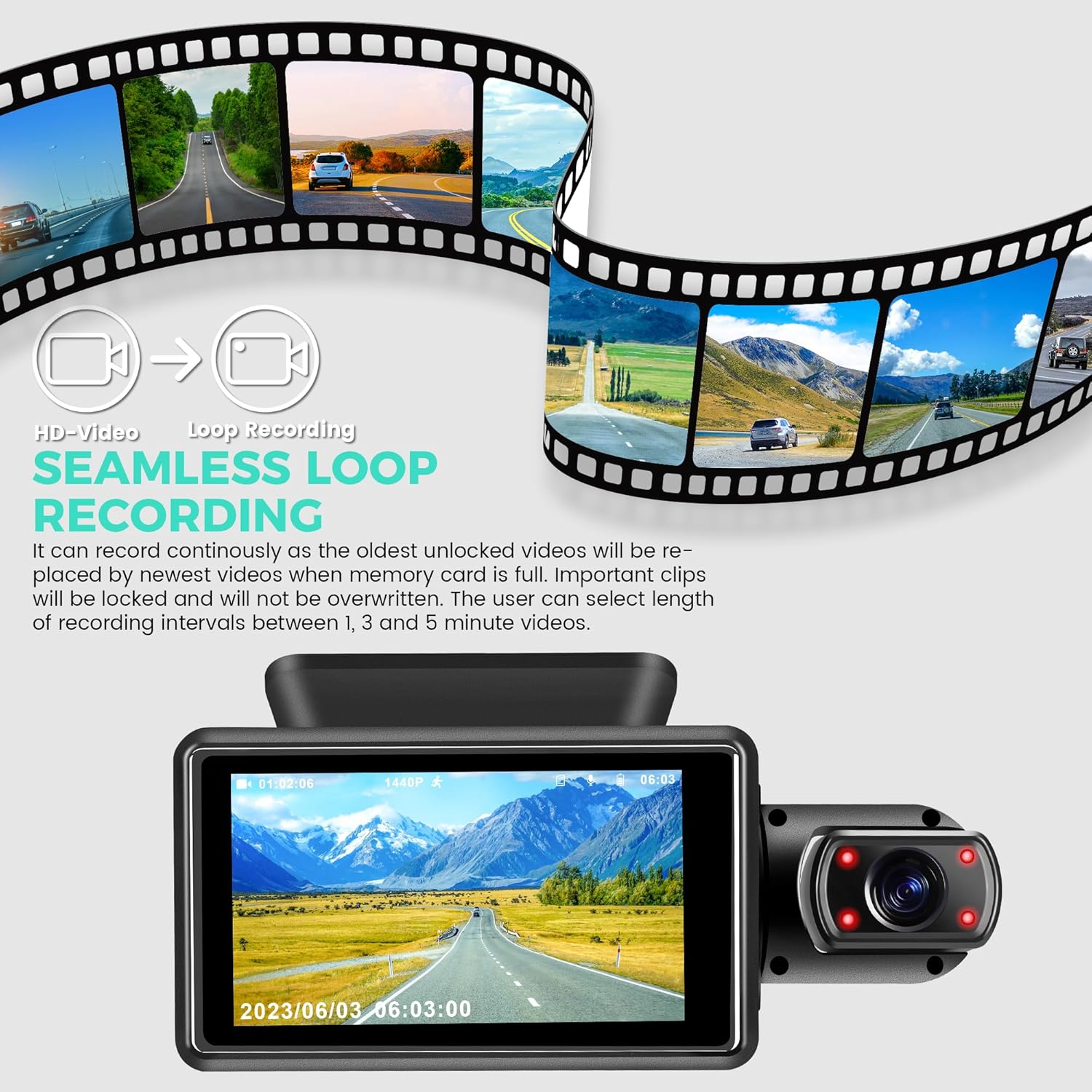 Dual Dash Camera for Cars, Dash Cam Front and Inside, 1440P Dashcam Front + 720P Inside Car Camera, 3'' Car Monitor with 32G SD Card, Night Vision G-Sensor Loop Recording Essential Car Accessories