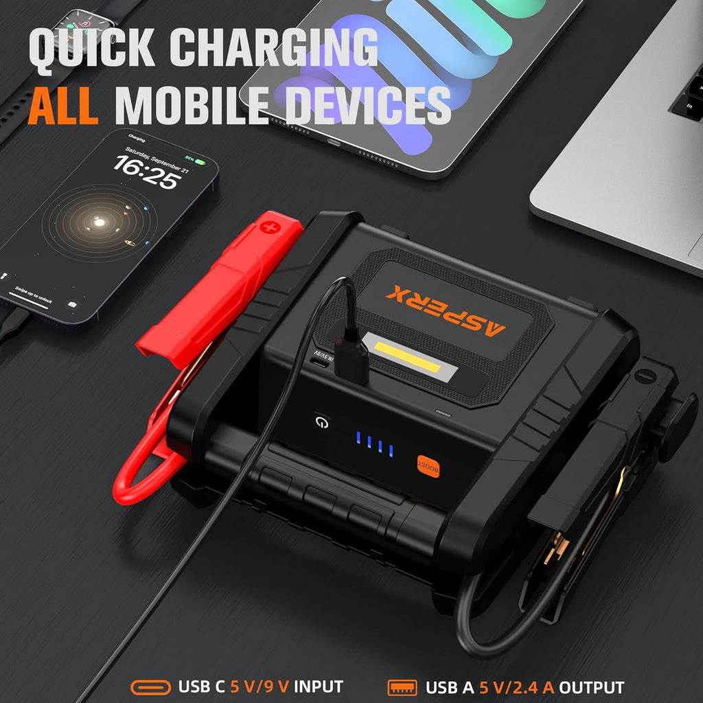 AsperX 6000A Car Jump Starter, Battery Jumper Starter Portable for 12V Vehicles (for All Gas or up to 12L Diesel) - Car Battery Charger with LED Flashlight and Jumper Cables