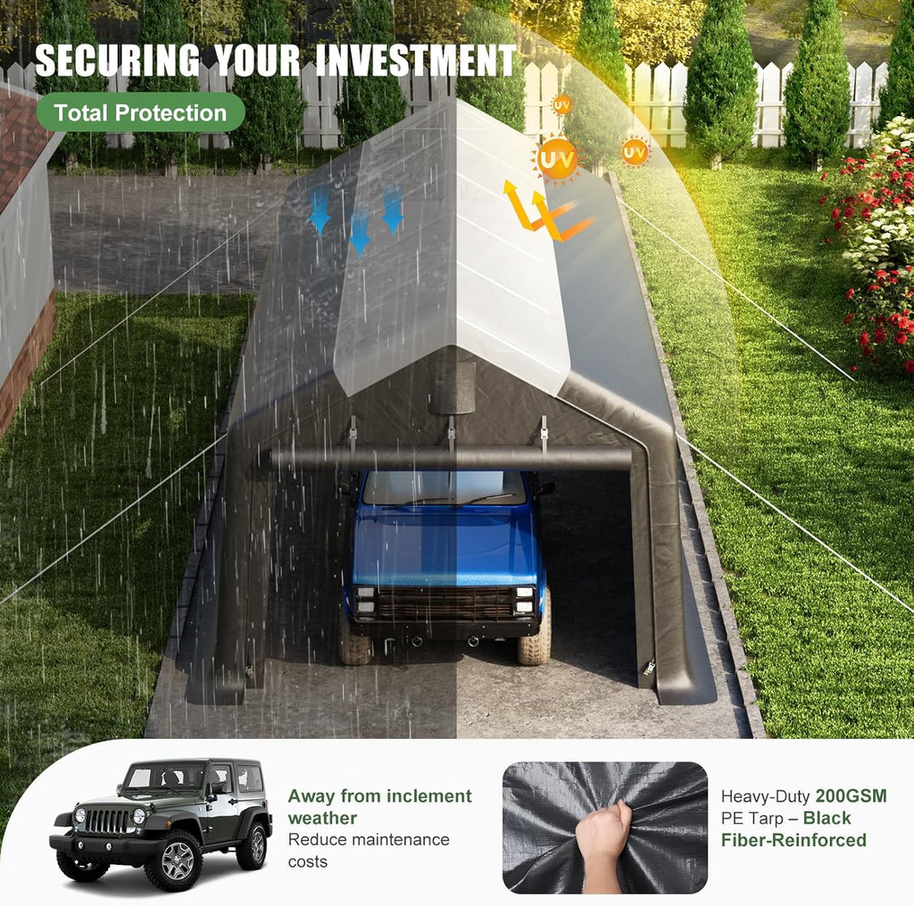 Carport Canopy 12x20FT Heavy Duty with Translucent Roof - Skyview Portable Garage with Reinforced Metal Frame, Zipper Doors, All-Weather Resistant,Waterproof Outdoor Storage Shelter for Cars/RV/ATV