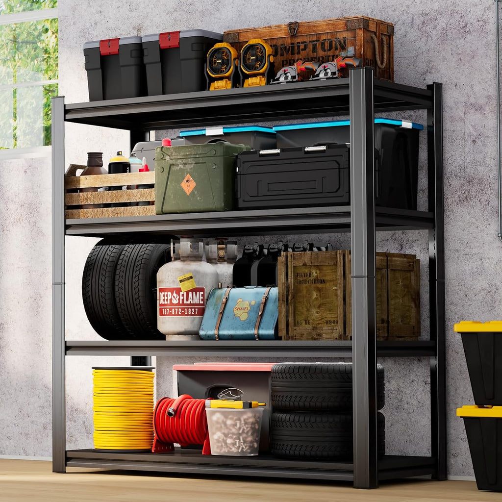 59" H Garage Shelving 2400LBS Capacity Heavy Duty Storage Shelves, Adjustable 4 Tier Metal Industrial Shelf for Kitchen, Utility Room, Warehouse and Basement,14" Dx32 Wx59 H, Black