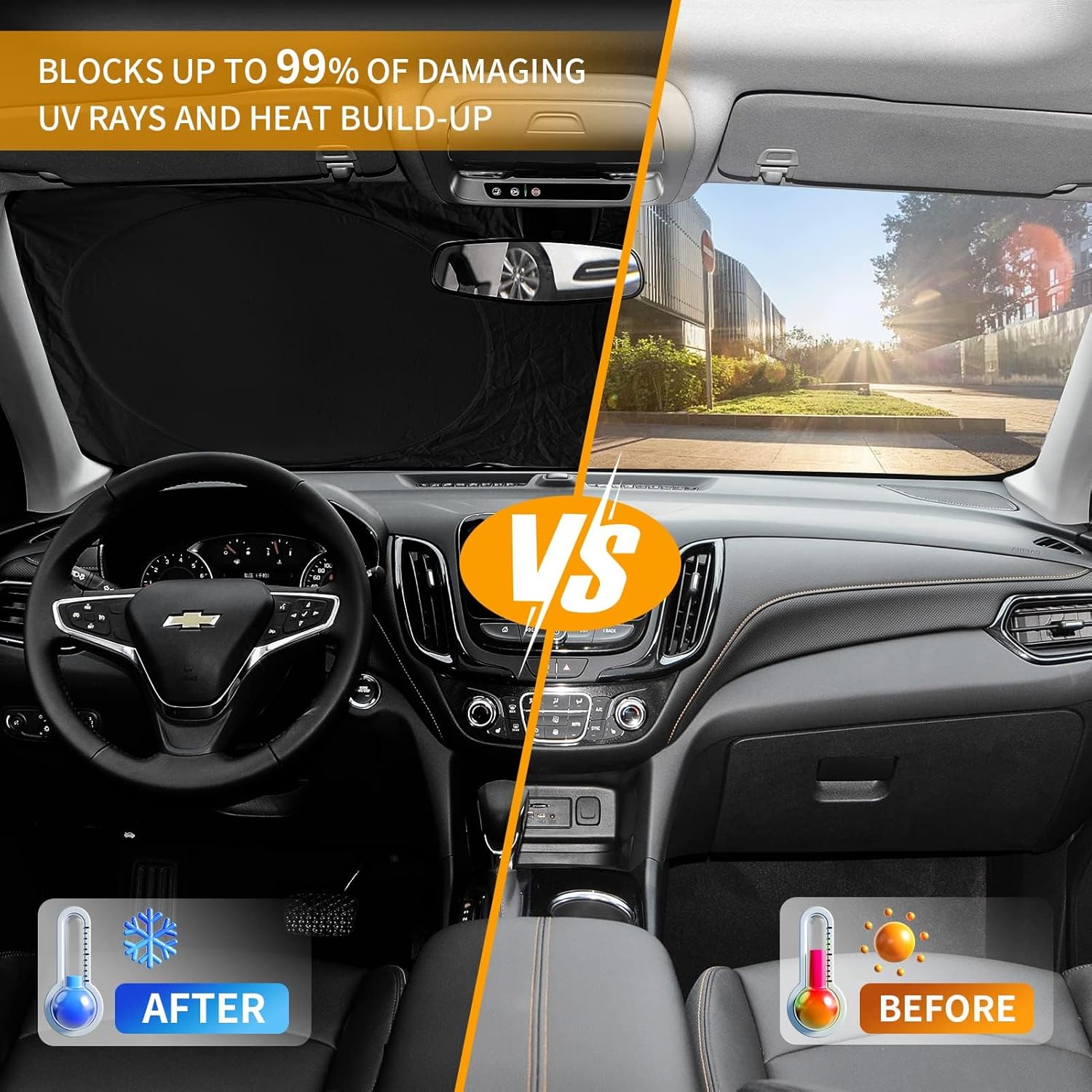 for Chevy Car Equinox 2005-2017 Windshield Sunshade Foldable Sun Shield, Front Window Shade for Chevy Silverado Traverse Tahoe Custom Fit Sun Visor Accessories Protector 210T Reflective Cover Block UV