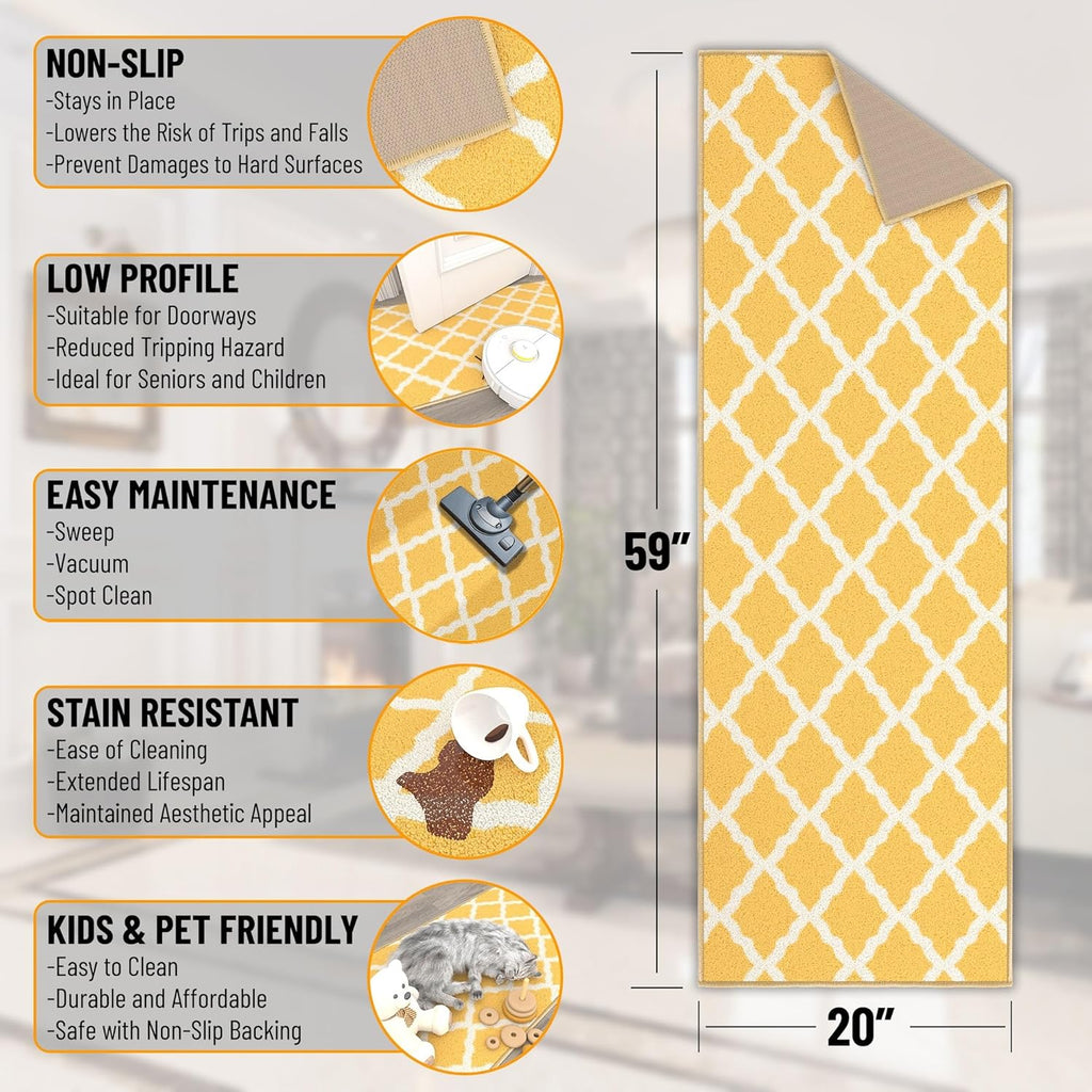 Ottomanson Hallway Runner Rug 20" x 59" Non Slip Trellis Area Rugs Easy to Clean Laundry Rug Runner Durable & Pet Friendly Floor Carpet Runners for Hallways Entryway Living Room Kitchen, Yellow