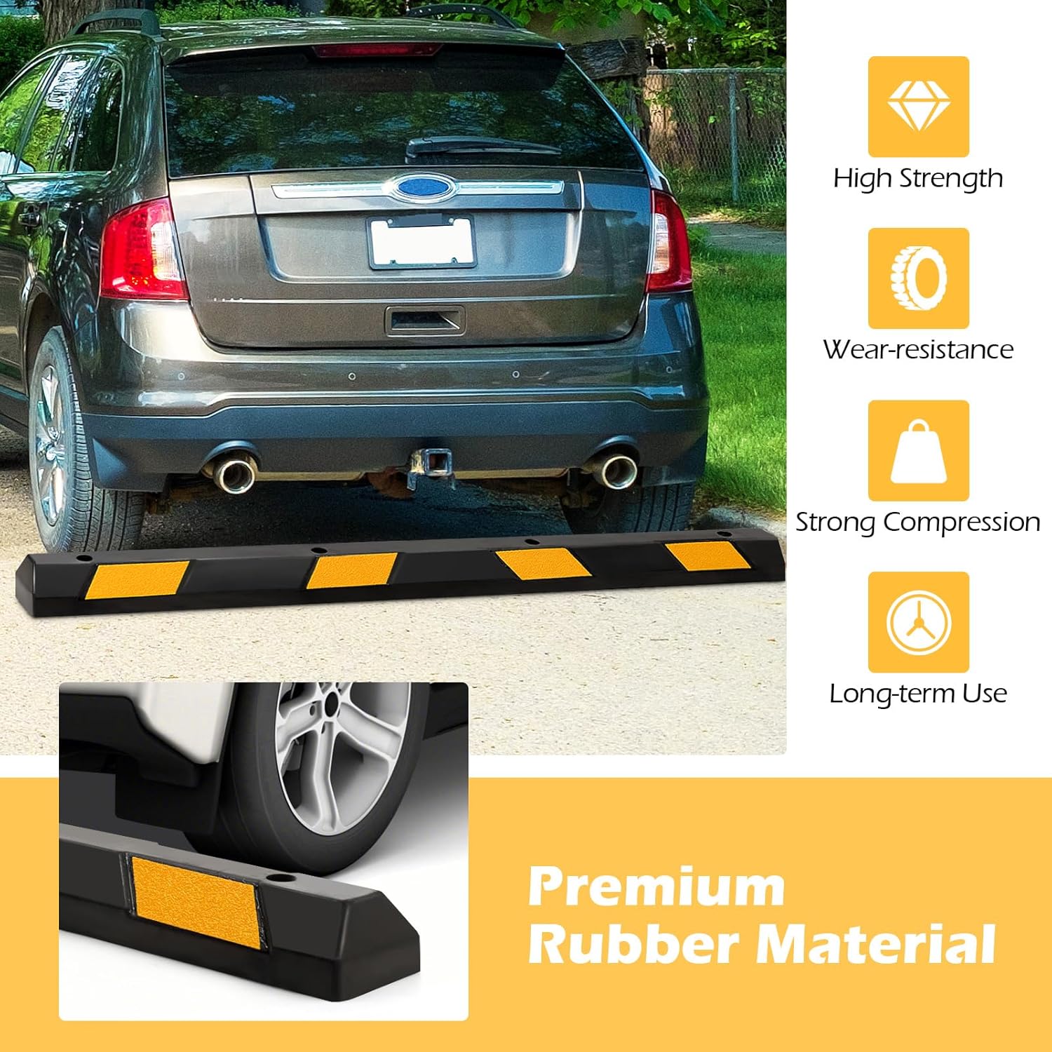 Rubber Parking Curb Garage Floor Stopper, 72" Heavy Duty Parking Lot Stopper with Yellow Reflective Stripes, Guide Wheel Stopper for Car, Truck, RV, Trailer, Driveway (4 Pack)