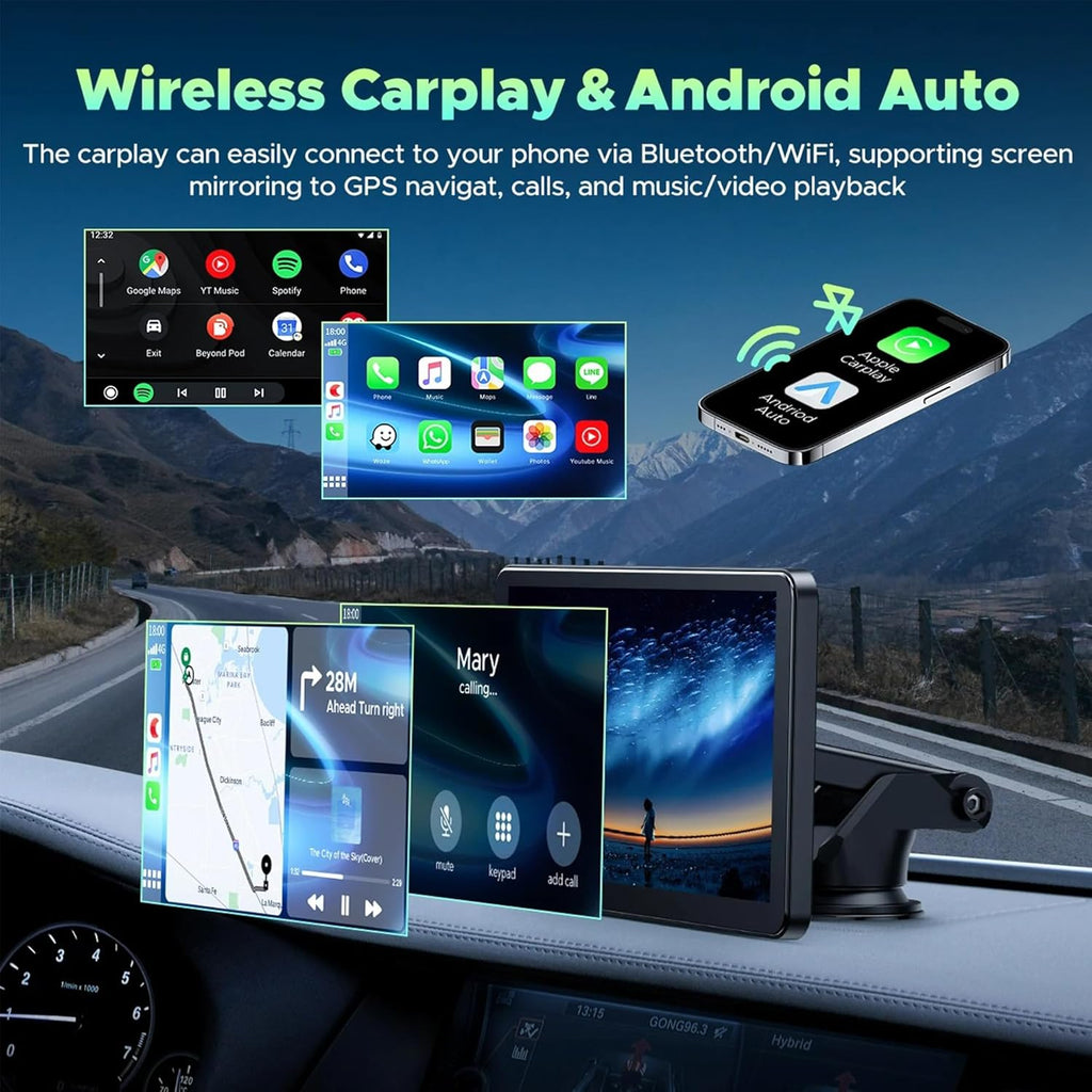 Portable Wireless CarPlay and Android Auto Screen for Car, 7" HD Touch Screen Car Stereo with Mirror Link, Bluetooth 5.0, Backup Camera, AUX,FM Transmitter for All Vehicle (with Camera)