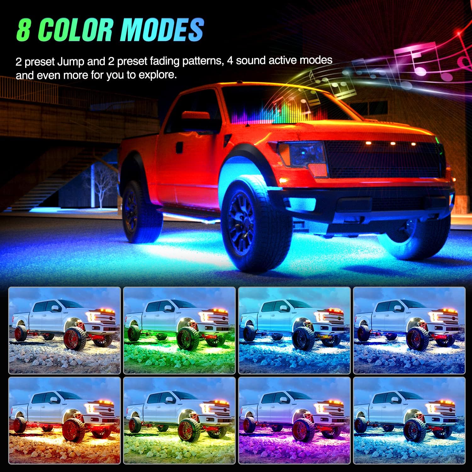 Nilight 6Pcs Car Underglow Neon Accent Strip Lights 300 LEDs RGB Multi Color DIY Sound Active Function Music Mode with APP Control and Remote for Van SUV Truck