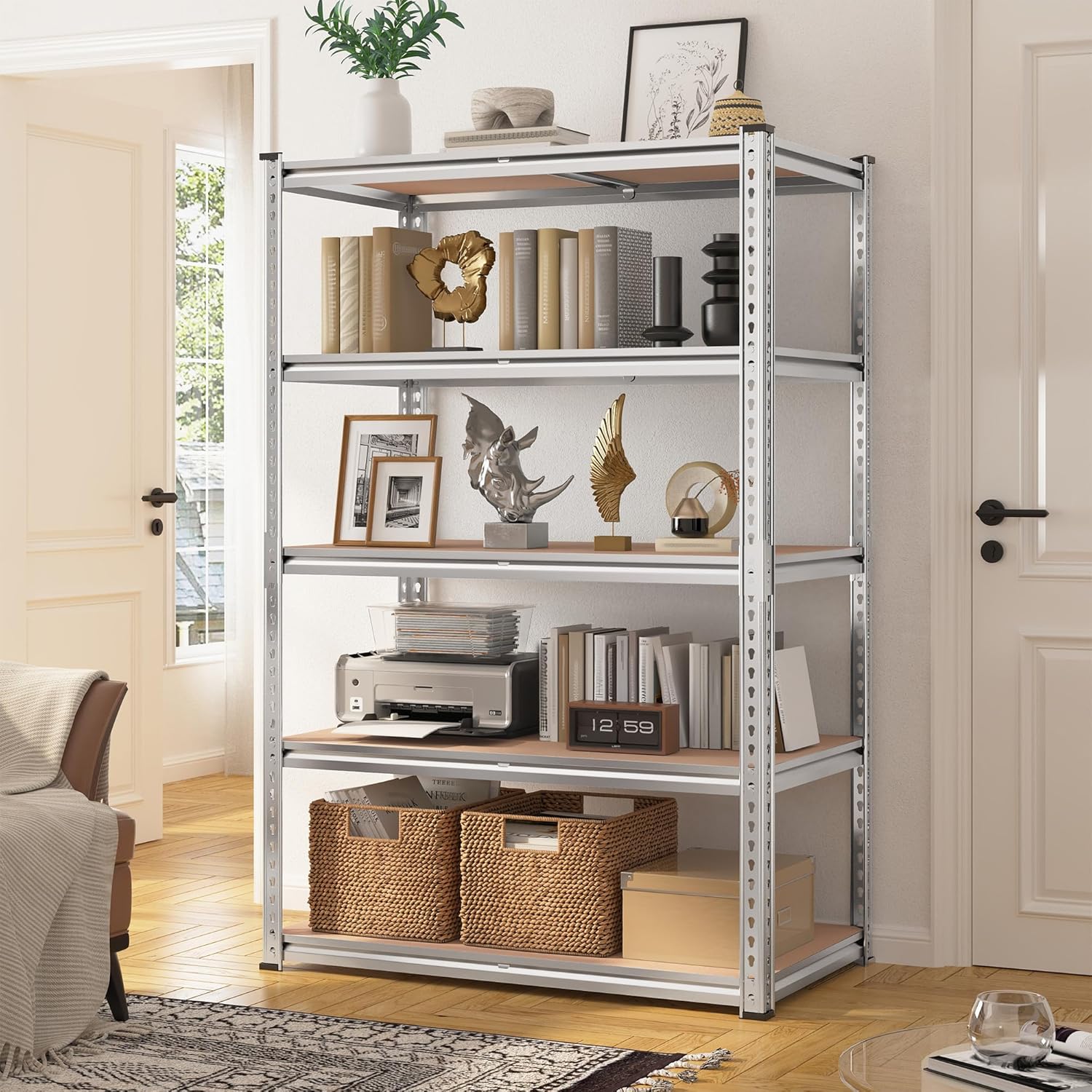 REIBII 2020LBS Garage Shelving Heavy Duty 5-Tier Storage Shelves Adjustable Metal Shelving for Warehouse, Basement, Easy Assembly, 72" H x 35.55" W x 16" D, Galvanized