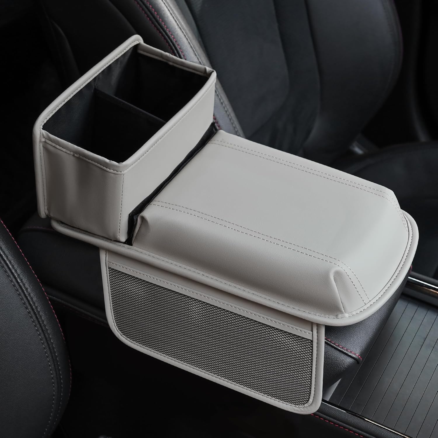 JEYODA Upgraded Car Armrest Cover,Premium Leather Car Armrest Cover Cushion with Storage Holder, Caddy for car (grey)