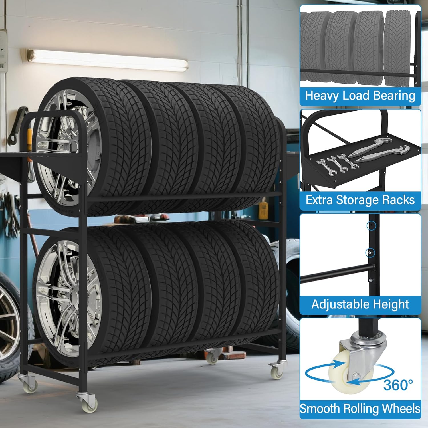 Tire Storage Rack 57" x 55.1" x 20" w/Anti-dust Cover, Adjustable Rolling Tire Rack for Garage Black w/4 Swivel Casters & 2 Storage Shelf for Garage Storage