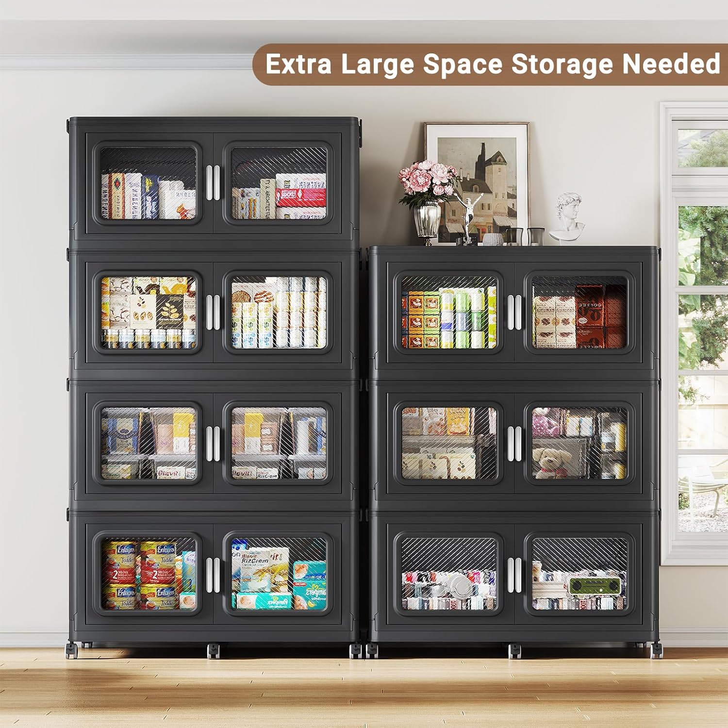 1200 Qt Stackable Storage Bin with Lid, 300Gal Extra Large Collapsible Storage Boxes, Folding Plastic Drawer, Heavy-Duty Store Cabinet, Closet Organizer for Home Kitchen, 4 Pack Black