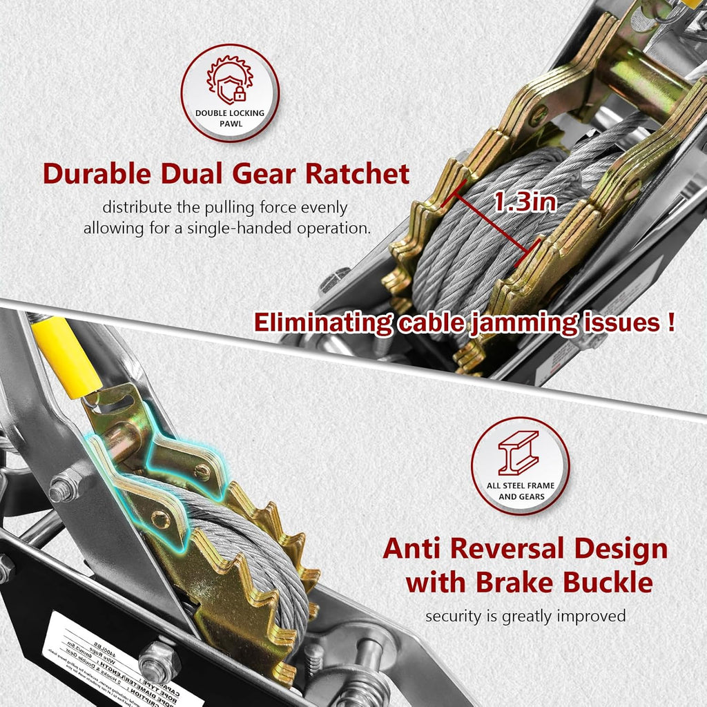 Come Along Winch 2T, Pulling Capacity 12 FT Steel Cable 2 Hooks, with Two 1"x8FT Lifting Straps, Heavy Duty Come Along Tool with Dual Gears, Heavy Duty Hoist Cable Puller for Vehicle Rescue