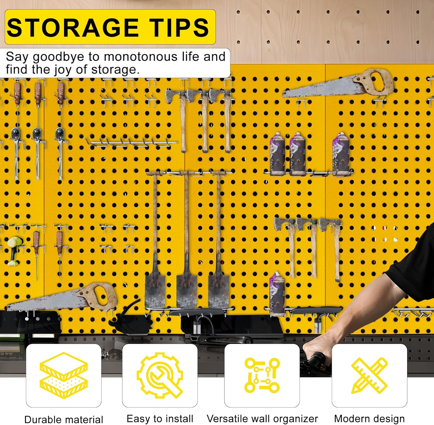 Metal Peg Board Panels for Workbench, Shop, Shed Modular Peg Board Organizer Board Kit, pegboard Wall Organizer(4 Pack, Yellow)