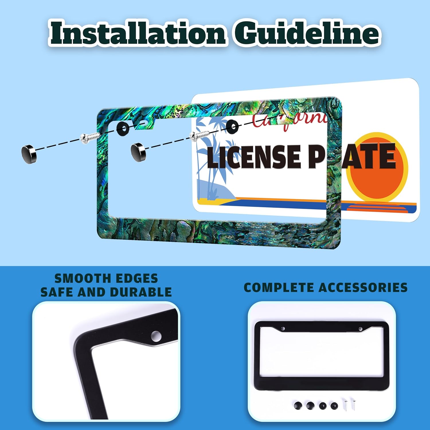 Faux Abalone License Plate Frame Funny Stainless Steel License Plate Holder for Front or Rear Car Tags for Car Decoration Accessories Rust-Proof with Screws 6.3 X 12.2 in for Women Men