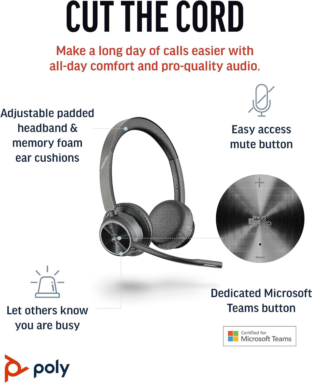 Poly Voyager 4320 UC Wireless Headset (Plantronics) - Stereo Headphones w/Noise-Canceling Boom Mic - Connect PC/Mac/Mobile via Bluetooth - Works w/Teams (Certified), Zoom, & More - Amazon Exclusive