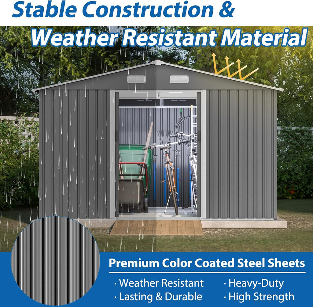 10X8 FT Outdoor Metal Storage Shed with Lockable Door & Floor Frame, Heavy-Duty Garden Tool Shed, Weatherproof Steel Utility Shed for Backyard, Patio, or Lawn Organization