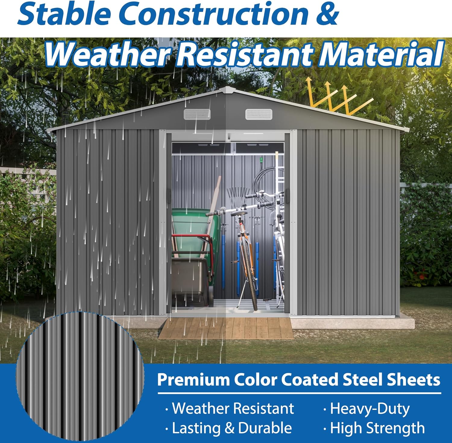10X8 FT Outdoor Metal Storage Shed with Lockable Door & Floor Frame, Heavy-Duty Garden Tool Shed, Weatherproof Steel Utility Shed for Backyard, Patio, or Lawn Organization