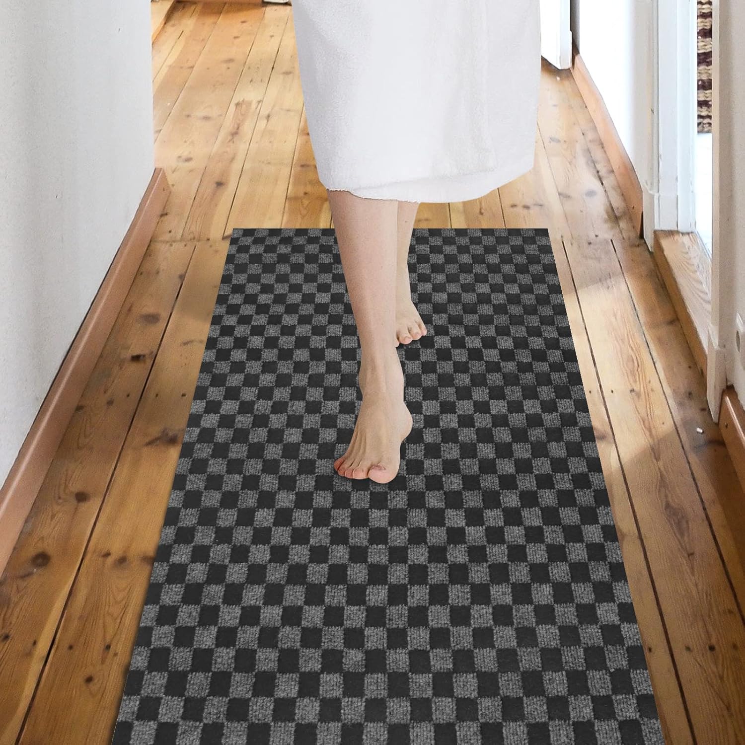 Custom Size Backed Non-Slip Area Rugs Runner, Easy Clean, Waterproof Runner Rugs for Hallway Entryway, Kitchen, Laundry, 2FT x 66FT, Gray Checkered