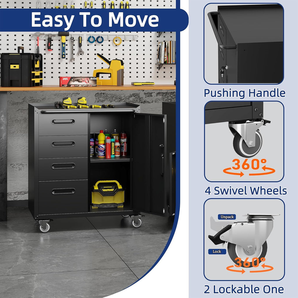 Metal Tool Cabinet,Garage Storage Cabinet System,Wall Cabinet & Locking Rolling Tool Cabinet with Doors and Adjustable Shelves,Steel Tool Cabinets for Home,Office (2 Pcs-StyleF, Black)