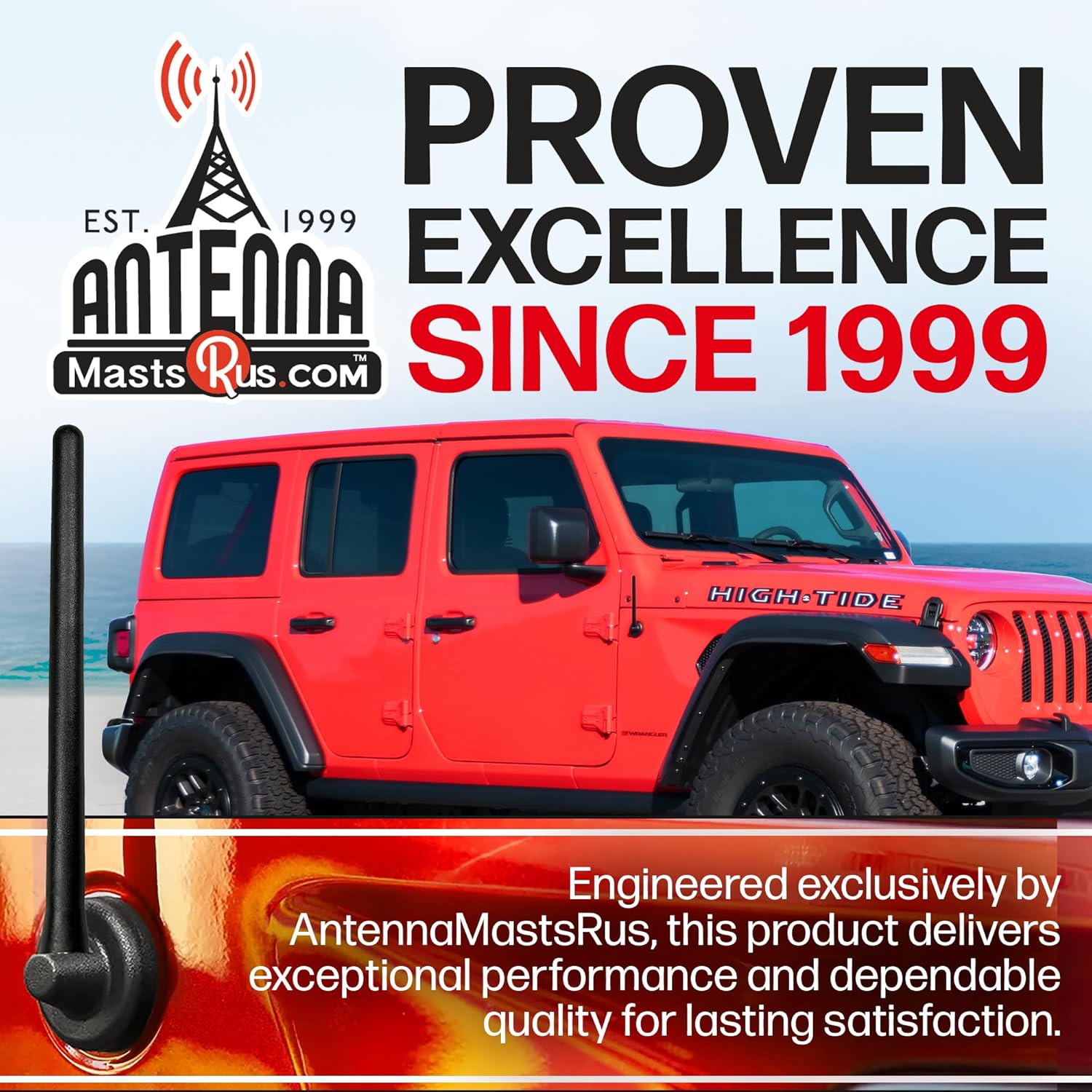 AntennaMastsRus Short Rubber Antenna for Jeep Wrangler JK/JL Gladiator (2007-2024), USA Stainless Steel Threading, The Original 6 3/4" Truck Accessory, Car Wash Proof, Internal Copper Coil