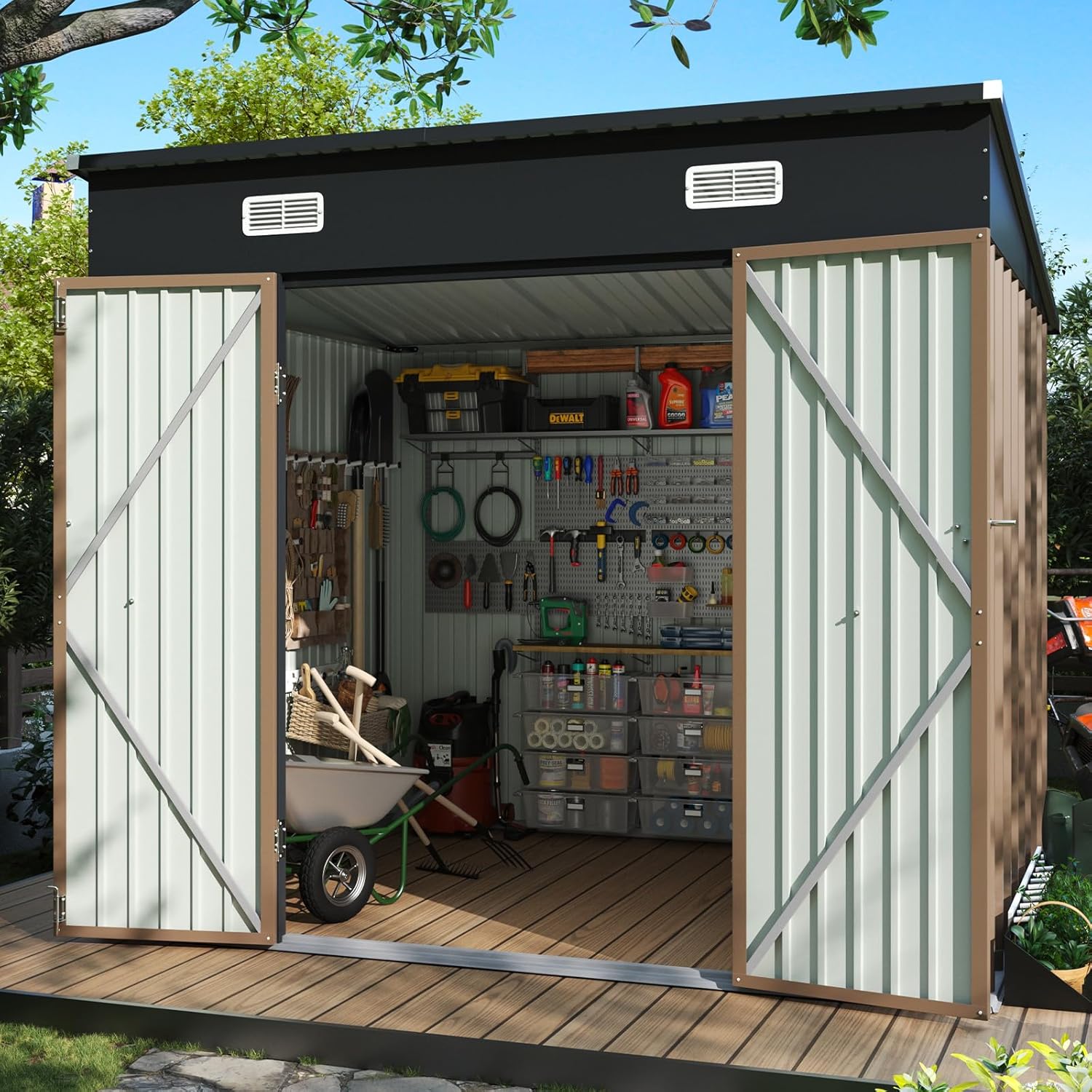 Aoxun 7.5x6 FT Outdoor Shed Metal Storage Shed with Single Slooping Roof Lockable Door Steel Utility Tool Shed Outdoor Waterproof Shed Garden Shed for Backyard Garden Patio Lawn, Brown
