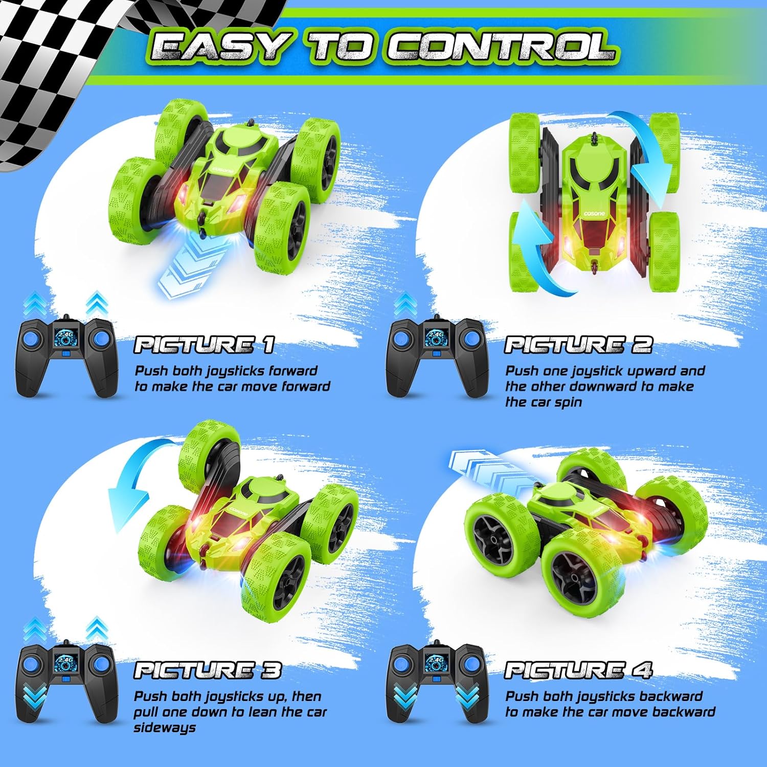 Remote Control Car - RC Car Toys for Boys - 4WD 2.4Ghz Double Sided 360° Rotating RC Cars, Birthday Gifts for Kids Age 6 7 8-12 for Boys and Girls- Green