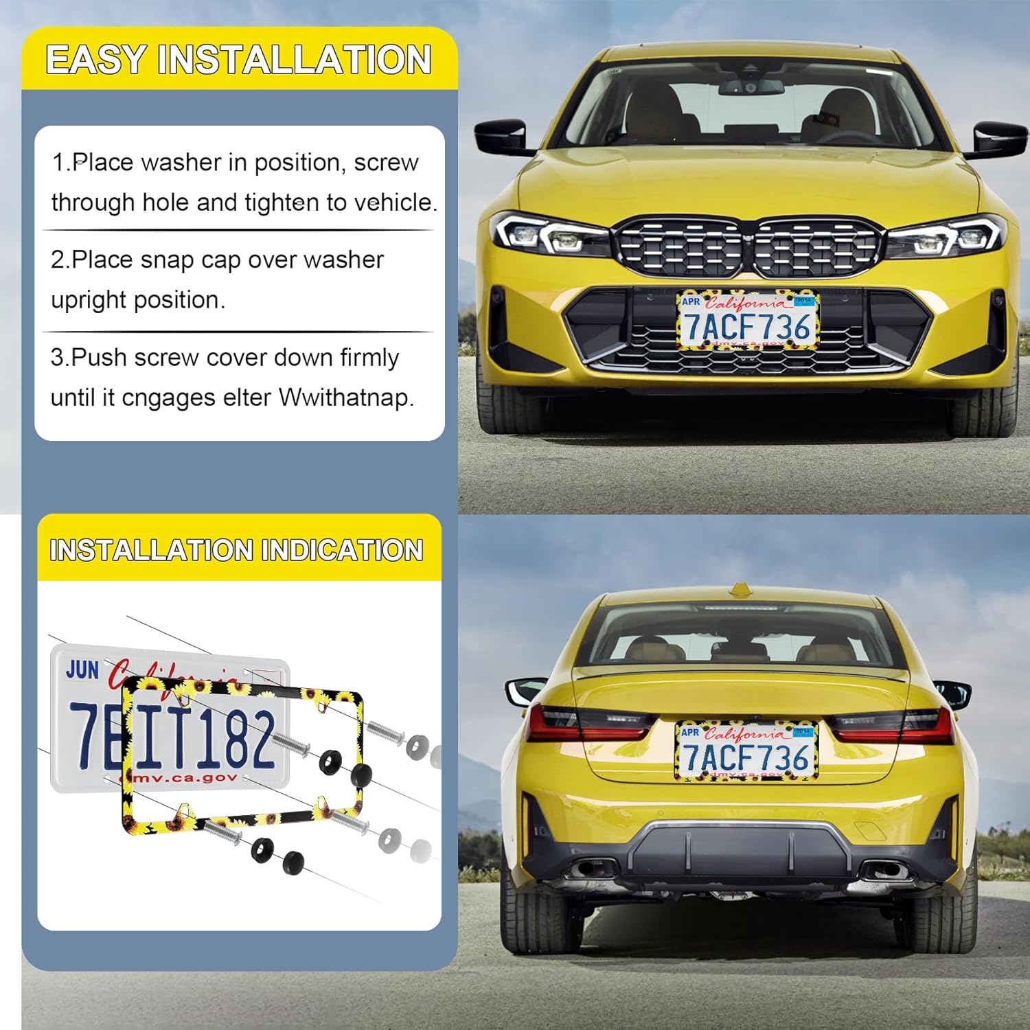 LivTee Flower License Plate Frames, 4 Holes Stainless Steel License Plate Covers, 2PCS Car License Plate Holder, Automotive Exterior Accessories, Sunflower