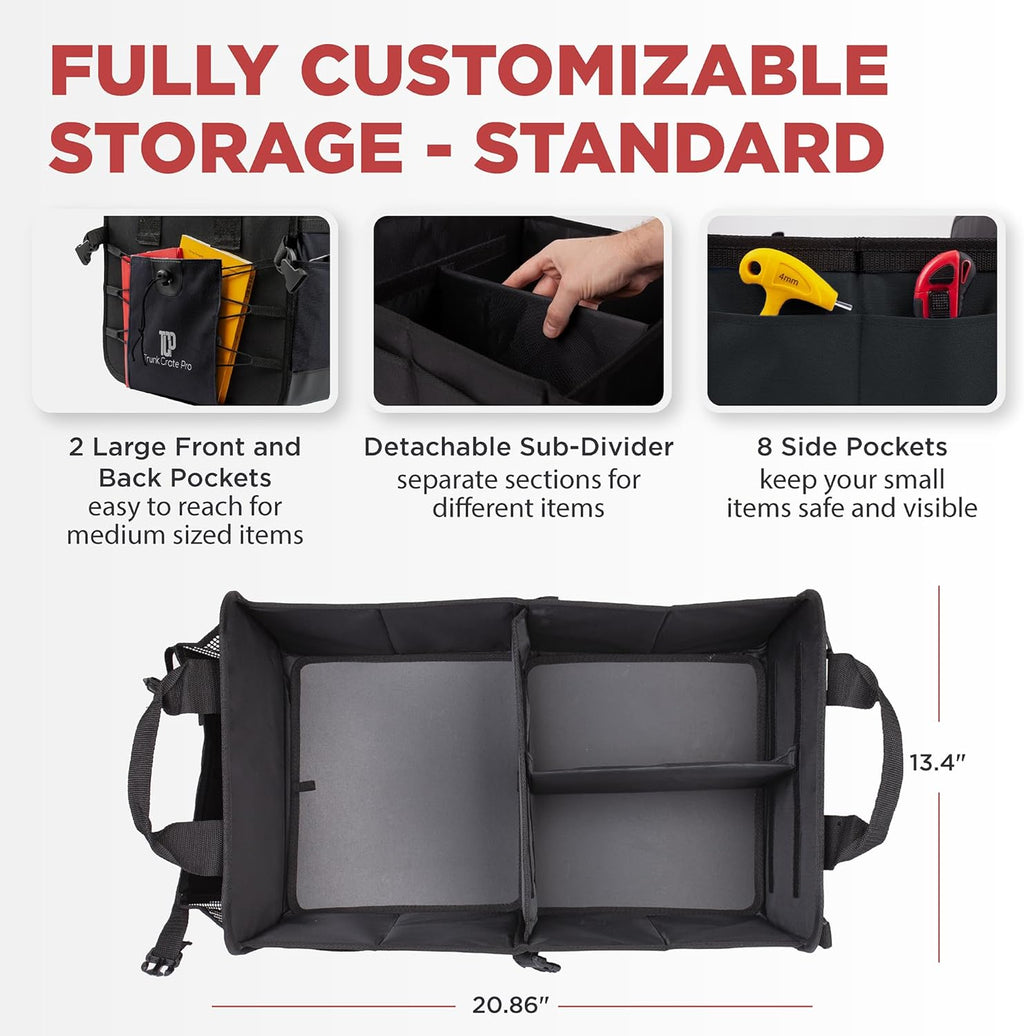 TRUNKCRATEPRO Car Organizers and Storage Premium Adjustable Multi Compartments Car Storage Organizer | Portable and Foldable SUV Trunk Organizer for Car (Standard size, black)