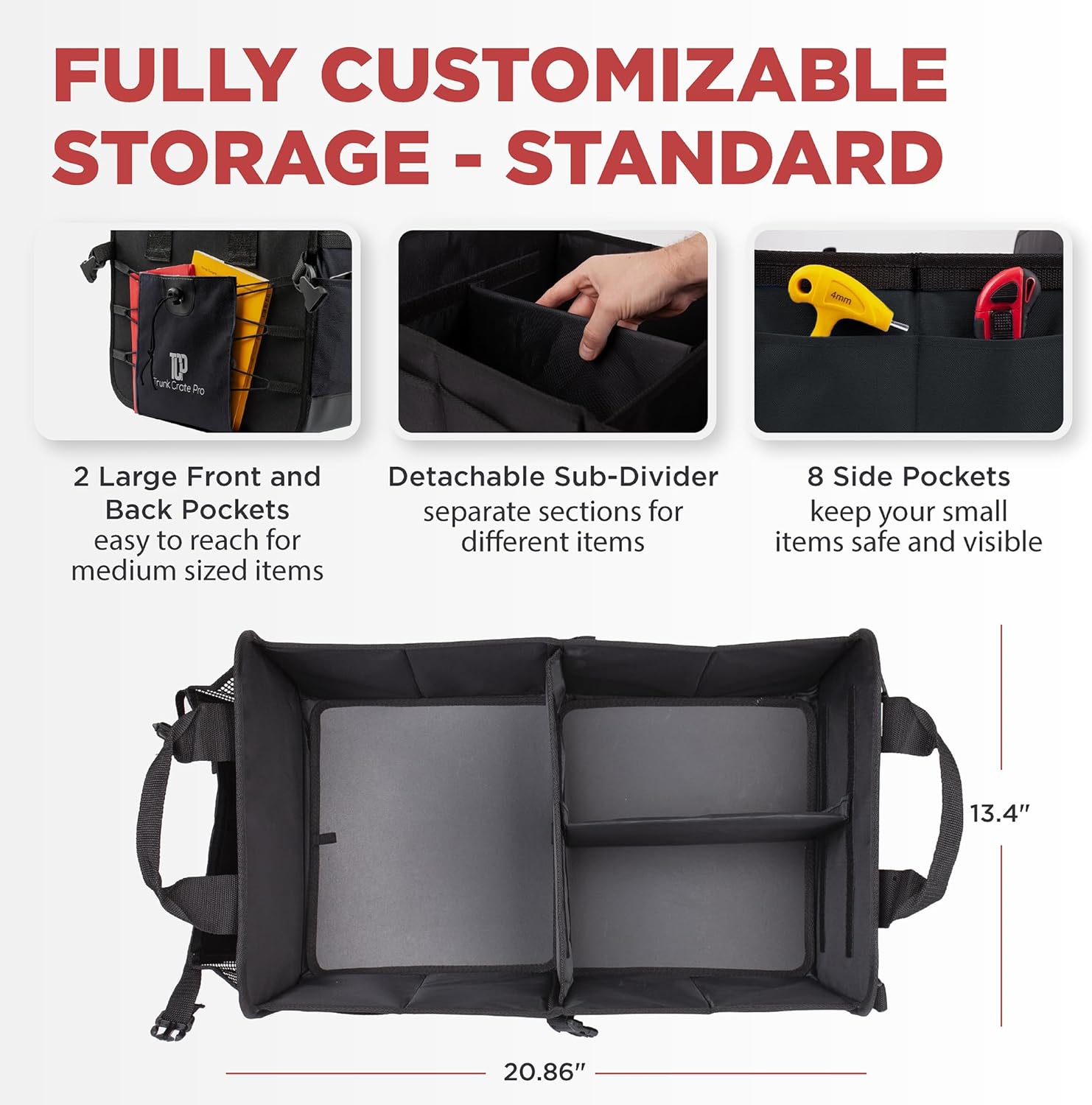 TRUNKCRATEPRO Car Organizers and Storage Premium Adjustable Multi Compartments Car Storage Organizer | Portable and Foldable SUV Trunk Organizer for Car (Standard size, black)