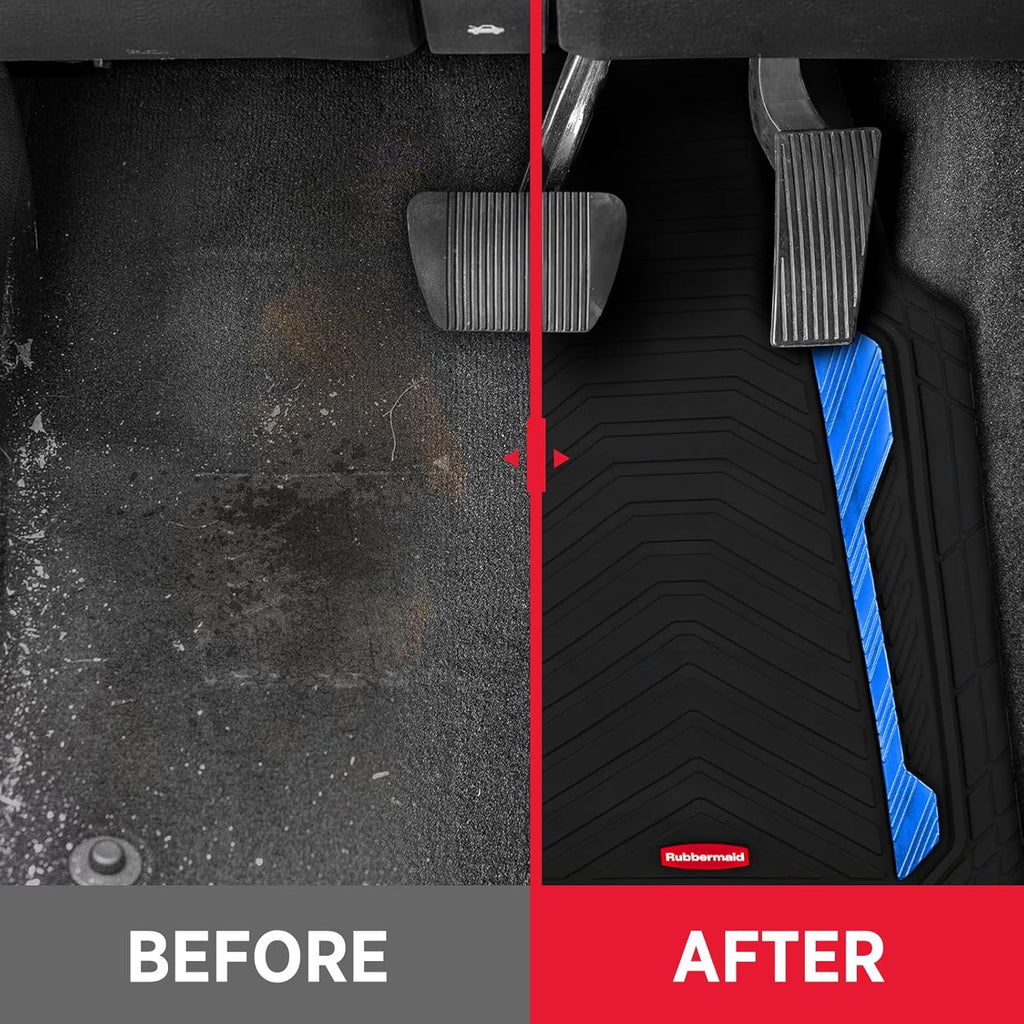 Rubbermaid Car Floor Mat, Heavy Duty All-Weather Car Mats Full Set with Dual-Tone Blue Aluminum Inserts – Universal Fit, Anti-Slip Backing, Trim-to-Fit for Most SUV, Sedan, Van