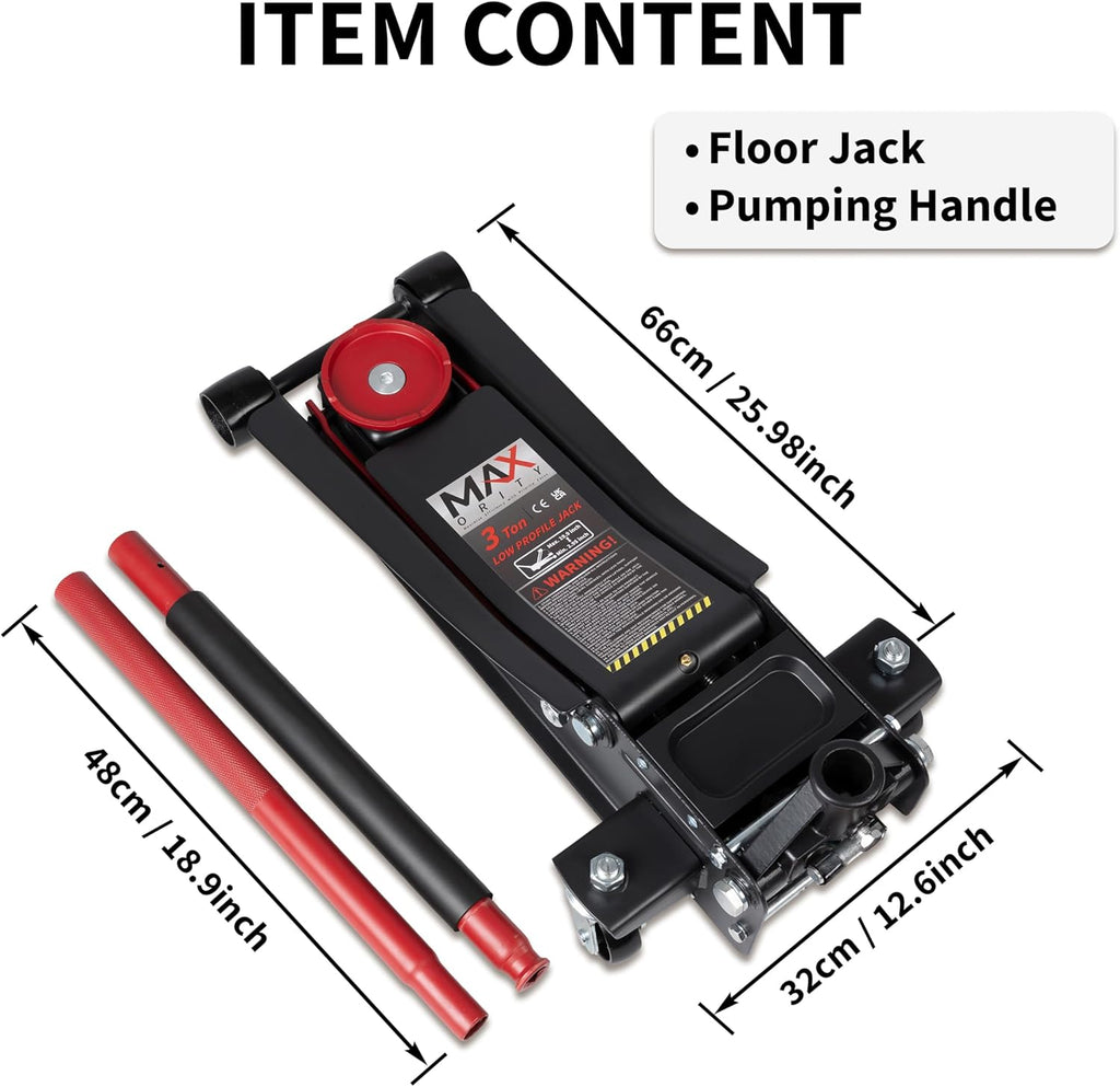 3-Ton (6600lbs) Low Profile Hydraulic Heavy-Duty Steel Floor Jack with Dual Pistons Quick Lift Pump, Home and Workshop Car Maintenance for Various Vehicles (Red, 3 Ton Low Profile)