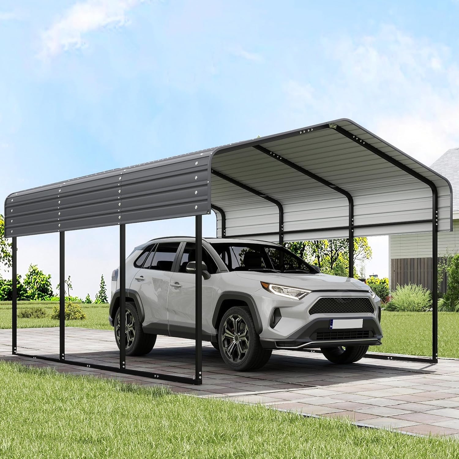 Real Relax 10x15FT Heavy Duty Metal Carport, Outdoor Carport Canopy with Galvanized Steel Roof and Reinforced Base for All-Weather, Garage Shelter Shade for Trucks, Boats, Party, Gray