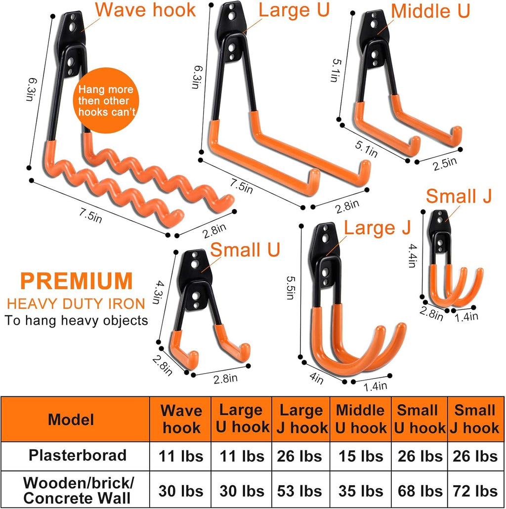 AOBEN Garage Hooks,24Pack Heavy Duty Garage Hanger Organizer Anti-Slip Double Wall Garage Storage Hooks for Ladder, Power Tool,Bike,Ropes (23 Hooks & 1 hoder Strap)-Orange