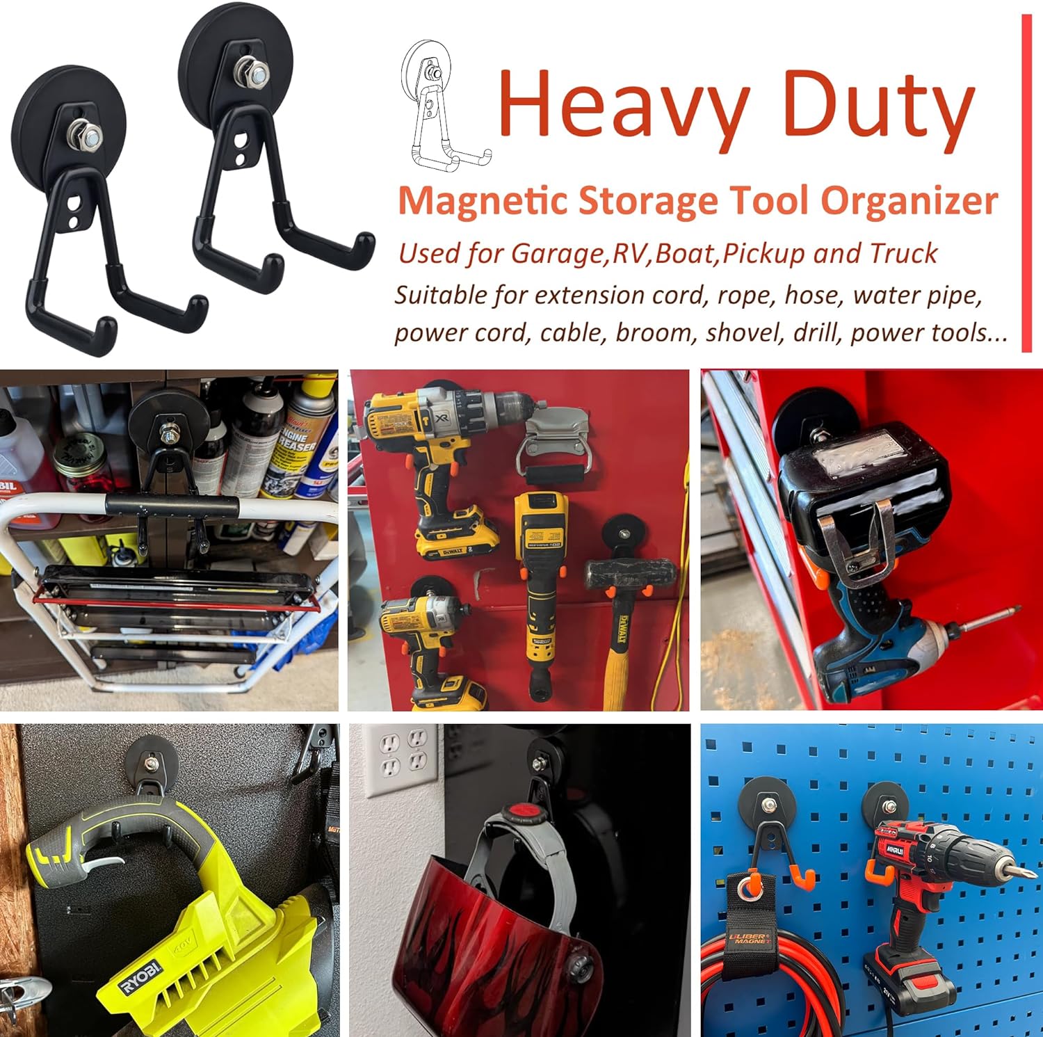ULIBERMAGNET Heavy Duty Magnetic Garage Hooks,4 Pack Strong Large Magnet Hook for Power Drill,Garden Tools,Hose,Pegboard,Garage, Workshop,Magnetic Storage Hooks for Indoor Outdoor Hanging(Black)