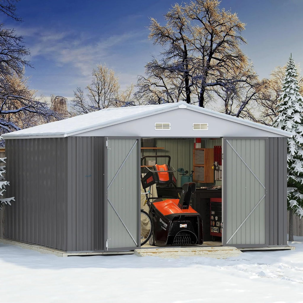 Greesum 10×10FT Outdoor Storage Shed, Metal Patio Storaged Sheds with Lockable Doors, Sheds & Outdoor Storage for Bike, Backyard, Pool and Garden, Gray
