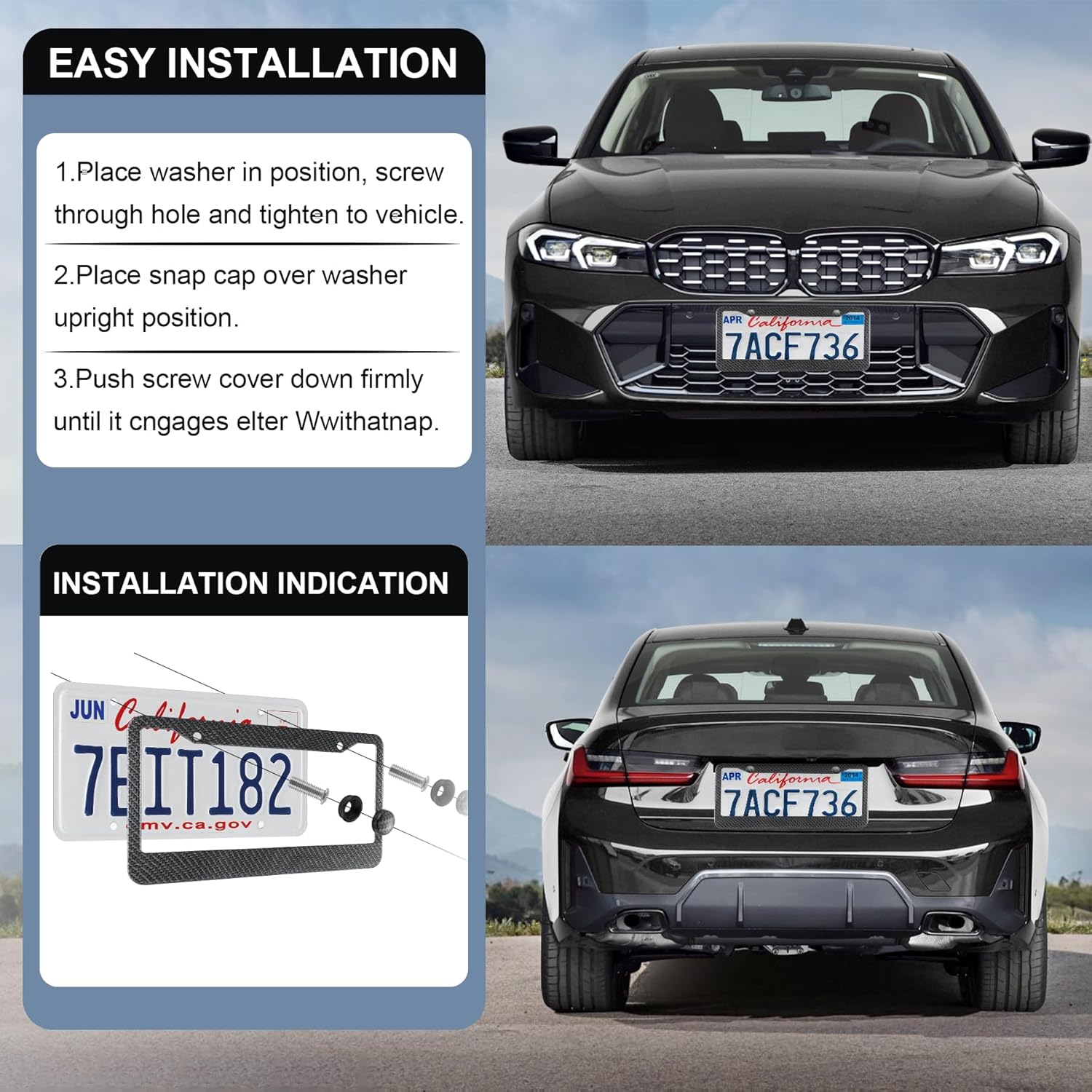 LivTee Carbon Fiber License Plate Frames, 2PCS Car License Plate Holder, 2 Holes Stainless Steel License Plate Covers, Automotive Exterior Accessories, Slim Design with Gasket Cover for US Cars