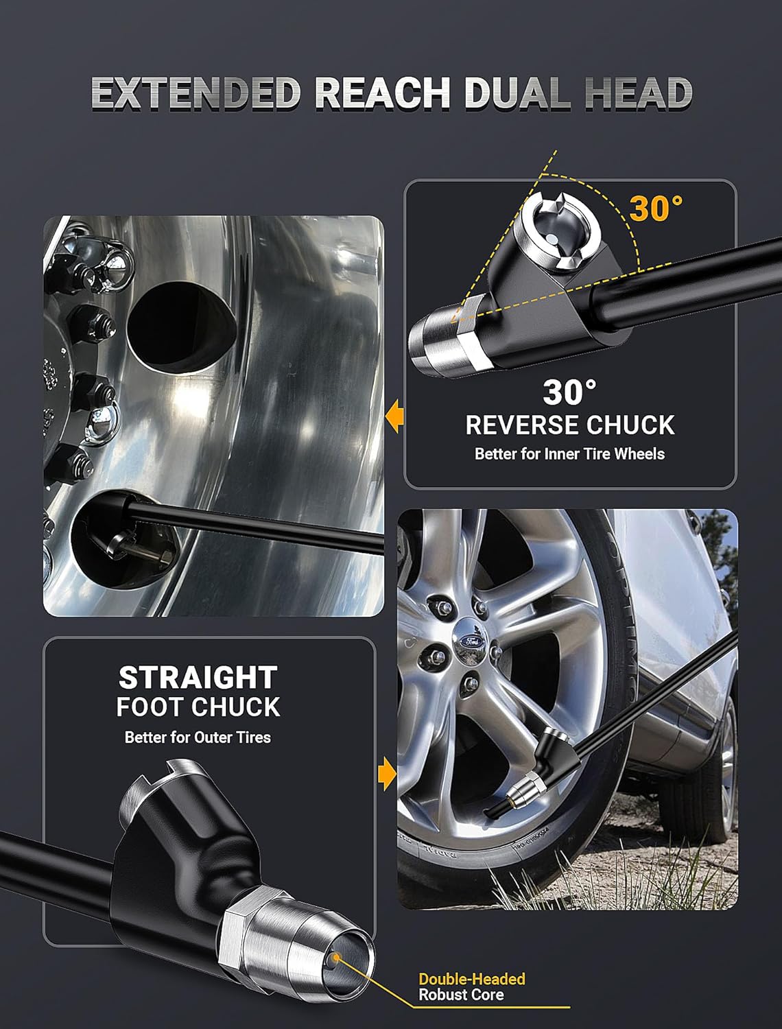 13'' Dual Head Air Chuck Set, Heavy Duty Extended Reach Tire Chuck w/Quick Plug for Semi Tire Inflation, 1/4" FNPT Straight Lock On Tire Inflate Chuck for Air Compressor Semi Truck RV Dually Tires