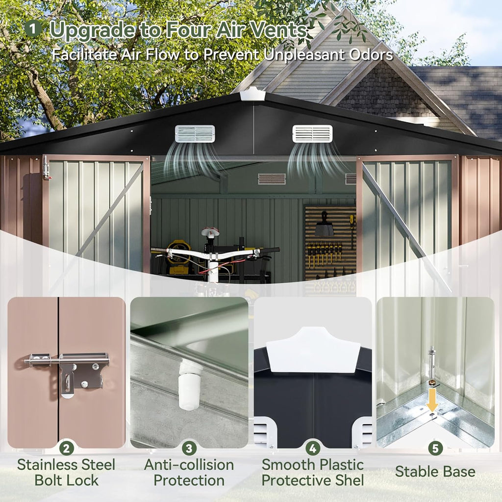 Aoxun 10x8.5 FT Outdoor Storage Shed Garden Metal Shed with Lockable Door Outdoor Large Shed for Tool, Garbage Can, Bike, Mower, Brown