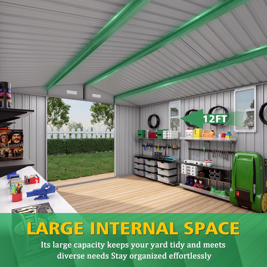 10X12 FT Outdoor Storage Shed with Windows, Metal Sheds & Outdoor Storage with Lockable Door and 4 Vents, Outside Storage Shed Waterproof for Backyard, Garden, Patio, Gray