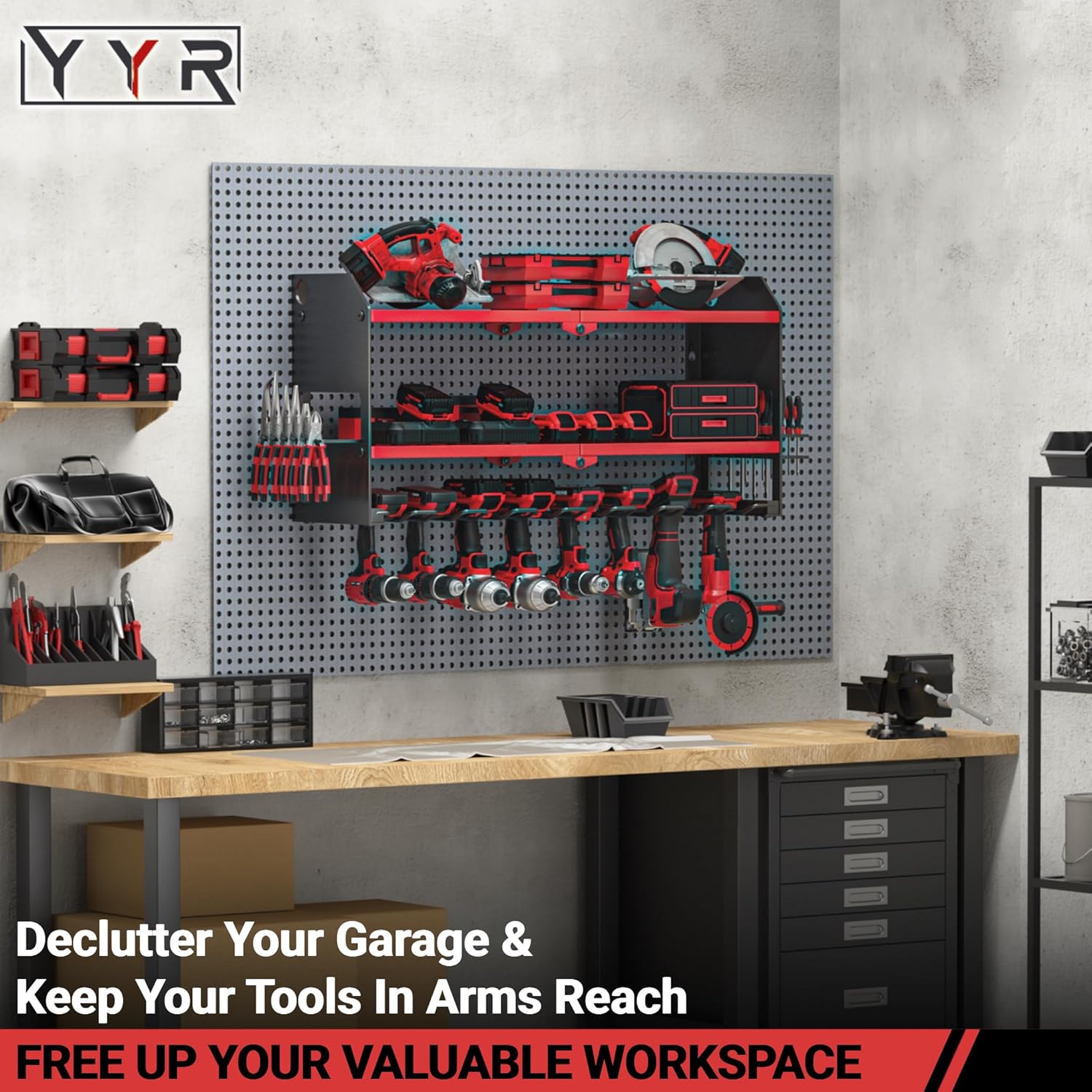 YYR Power Tool Organizer Wall Mount, Cordless Drill and Battery Holder, Electric Tools Hanger Storage Rack with Charging Station, Garage Organization Floating Shelf - Made of Heavy Duty Metal, Red
