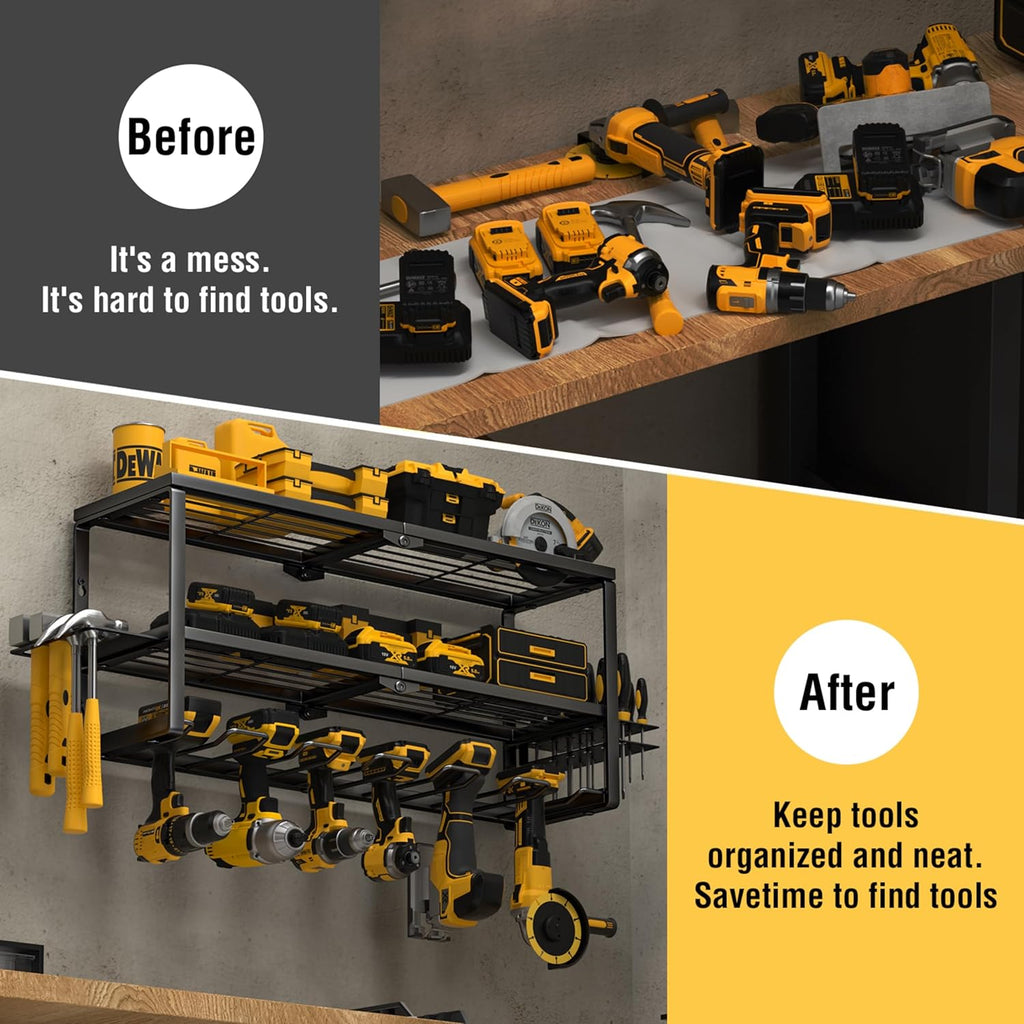 YYR Heavy Duty Power Tool Organizer Wall Mount, Cordless Drill Hanger Storage Rack, Battery Tools Holder with Charging Station Shelf for Garage Organization, Workshop, Pegboard, Shed - 24 Inch 6 Slots