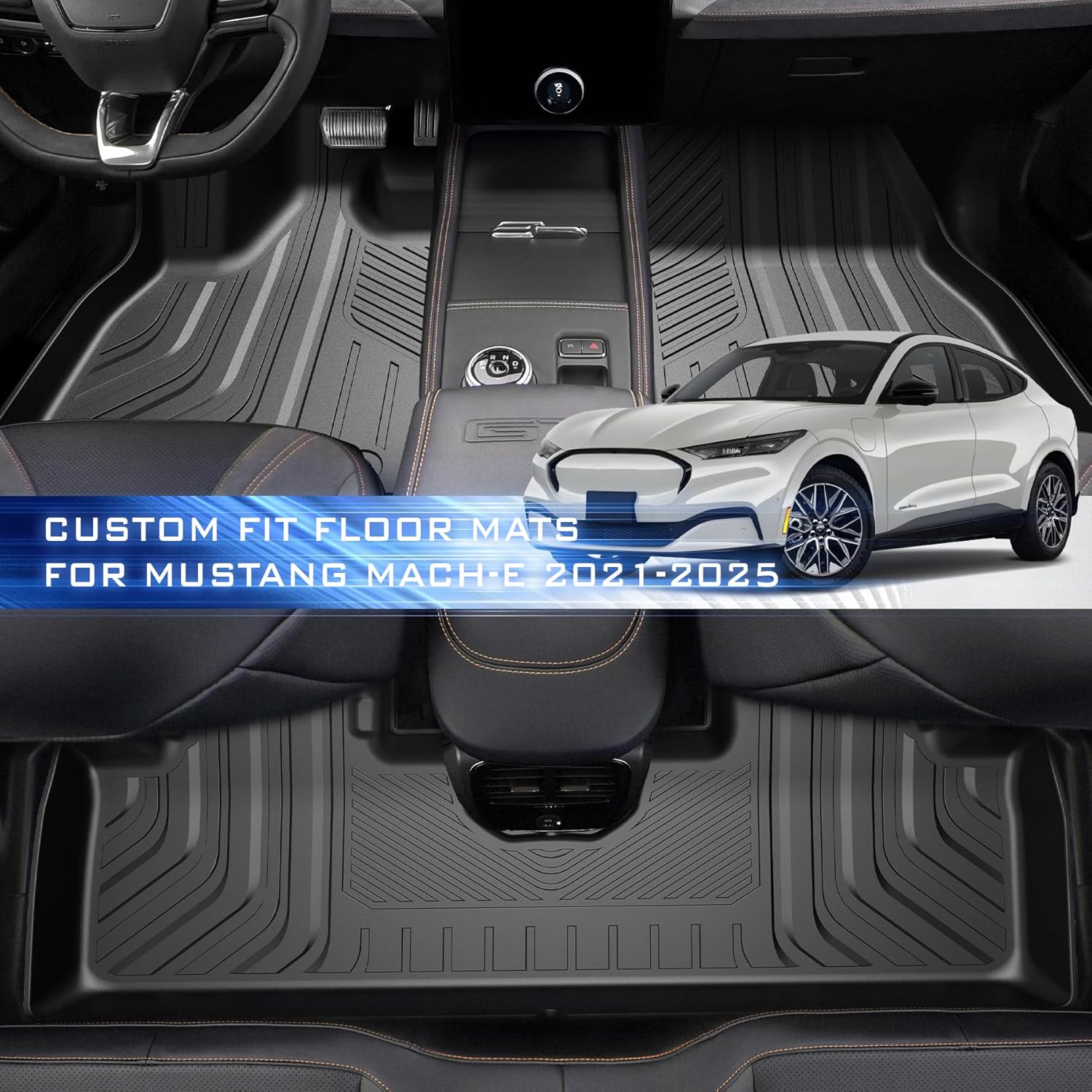 Car Floor Mats for Ford Mustang Mach-E 2021-2024 2025 Accessories,TPE All Weather Protection Floor Mats,Custom Fit 1st&2nd Row Car Floor Liners Set,Heavy Duty Accessories,Black