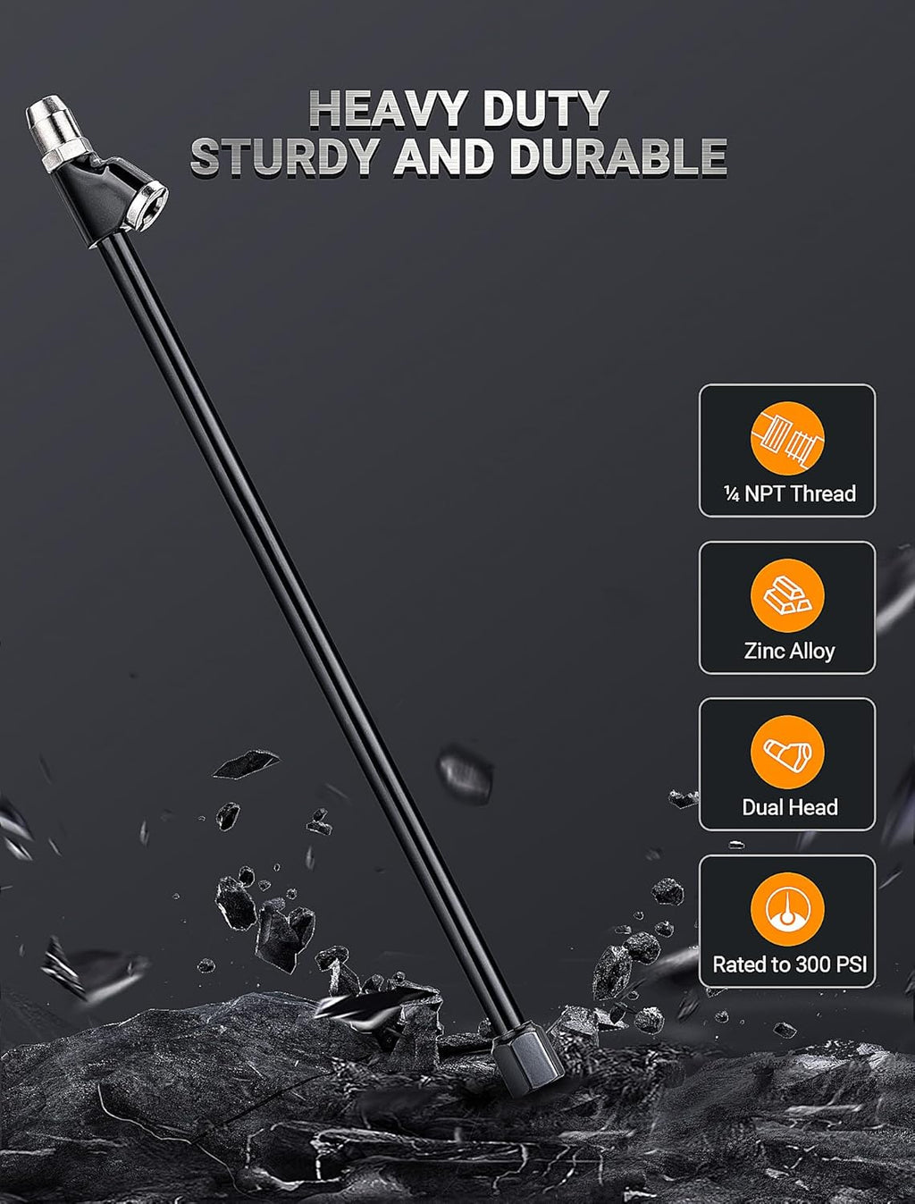 13'' Dual Head Air Chuck Set, Heavy Duty Extended Reach Tire Chuck w/Quick Plug for Semi Tire Inflation, 1/4" FNPT Straight Lock On Tire Inflate Chuck for Air Compressor Semi Truck RV Dually Tires