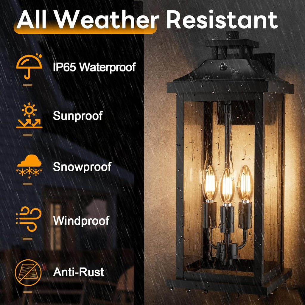 20" Large Dusk to Dawn Exterior Wall Light Fixture 3-Light, Black Outdoor Porch Lantern Wall Mounted, Waterproof Modern Outside Wall Sconce Garage Patio Coach Lamp for House, E12