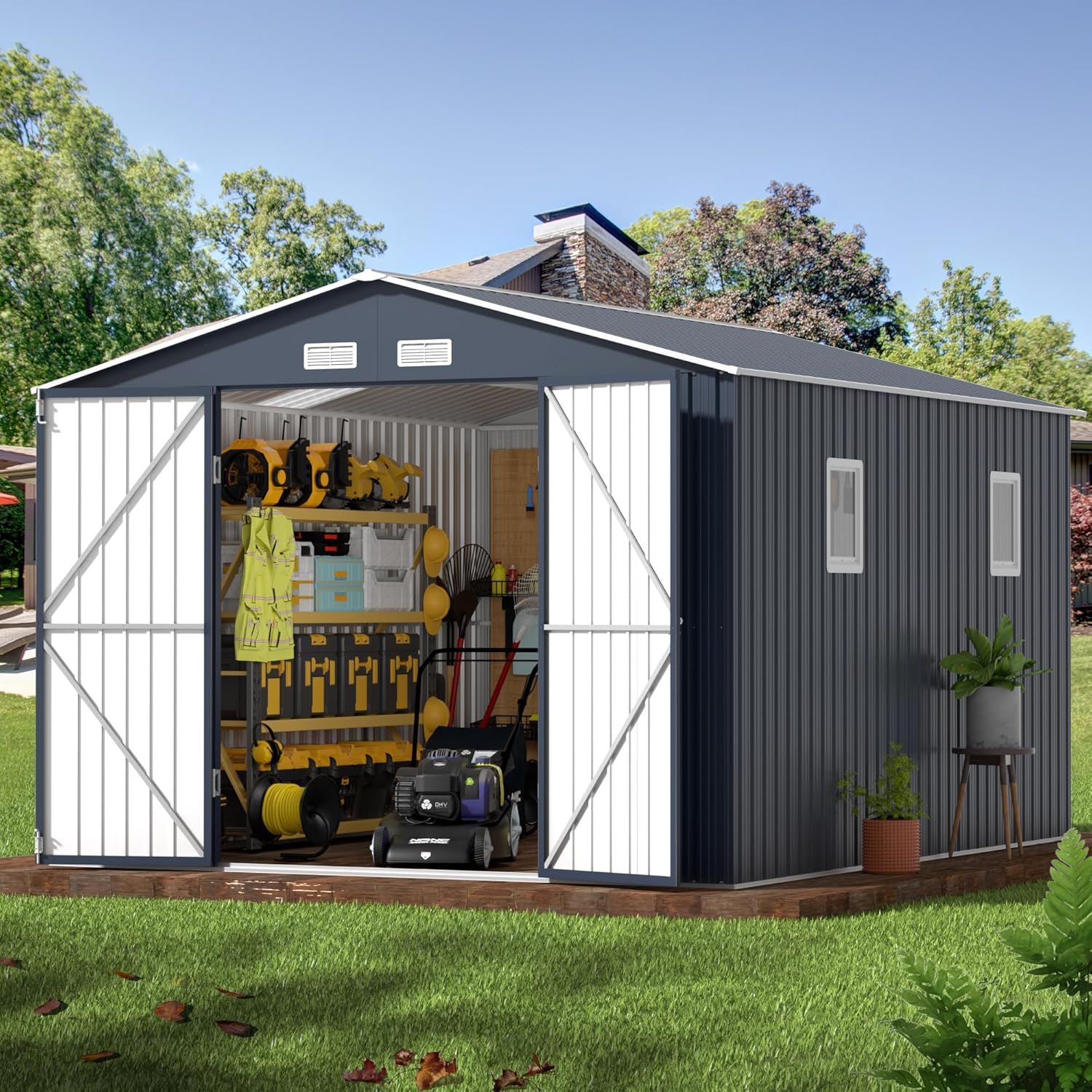 Breezz Outdoor Storage Shed 10 x 12 ft. Utility Tool Shed Metal Storage Garden Shed with Lockable Doors, Windows & Metal Frame Floor for Patio Storage, Nightblue