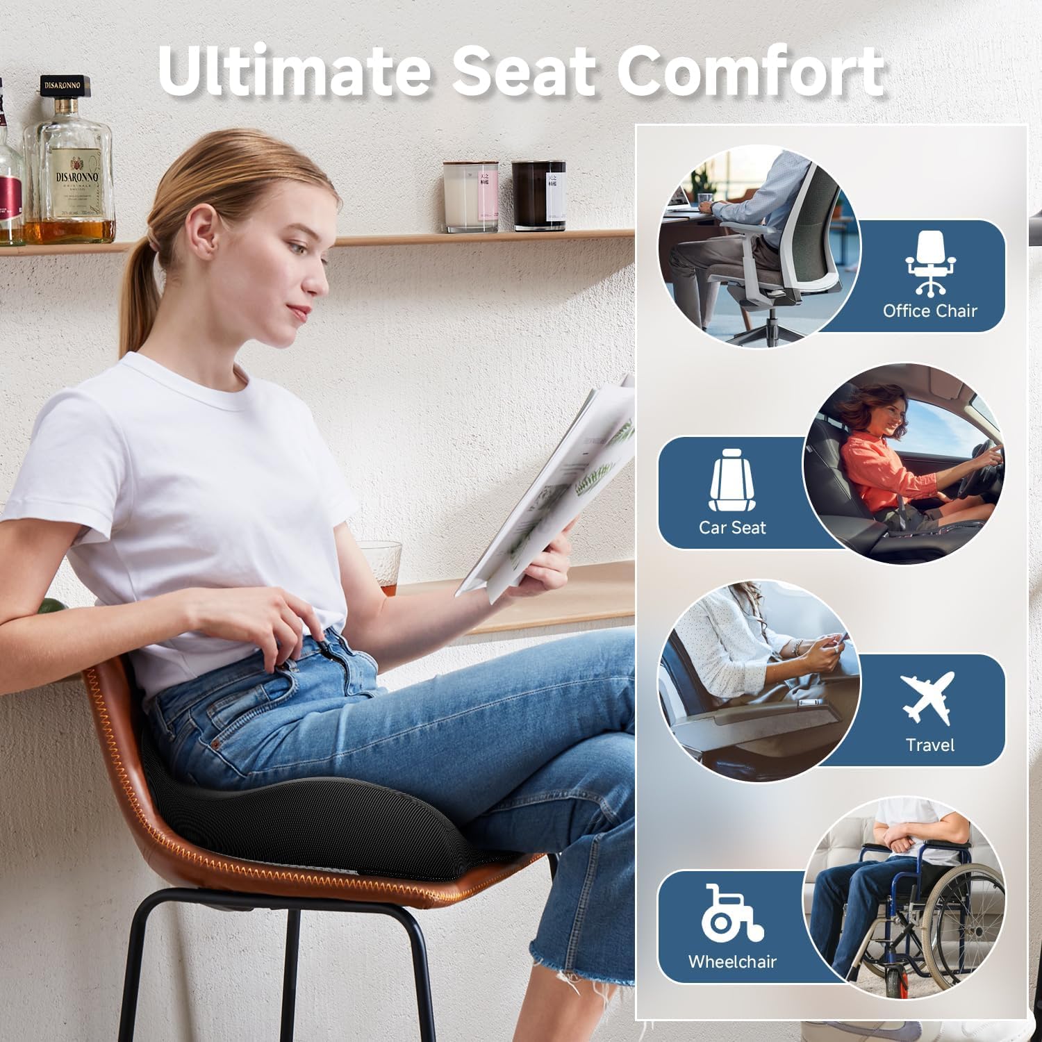 Benazcap X Large Gel Seat Cushion for Office Chair Ergonomic Cushions-Gel & Memory Foam Coccyx Butt Pillow for Sciatica & Back Pain Relief for Long Sitting for Gaming Chair and Car Seat-Black
